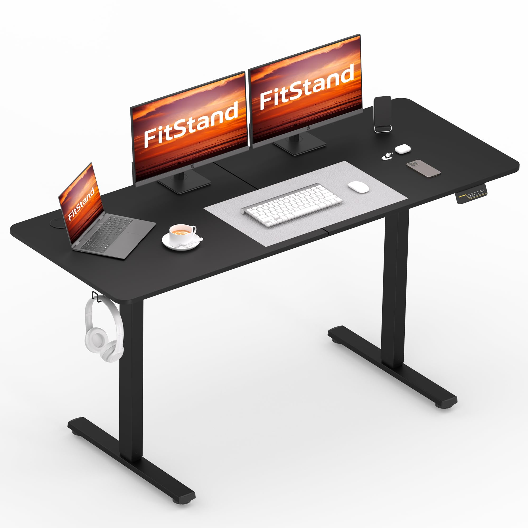 140x60cm Electric Standing Desk, Height Adjustable Desk Sit Stand Table With Hooks, Child Lock, Memory Function Pannel, Suitable For Office And Home - Black