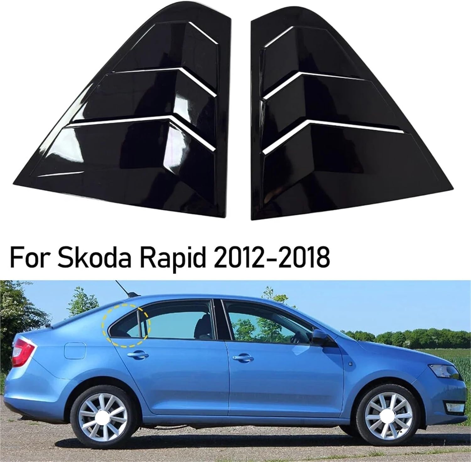 for Skoda Rapid Sedan 2012-2018 Pair Car Rear Louver Window Side Shutter Cover Trim Sticker Vent Scoop Carbon Black Accessories(Gloss Black)