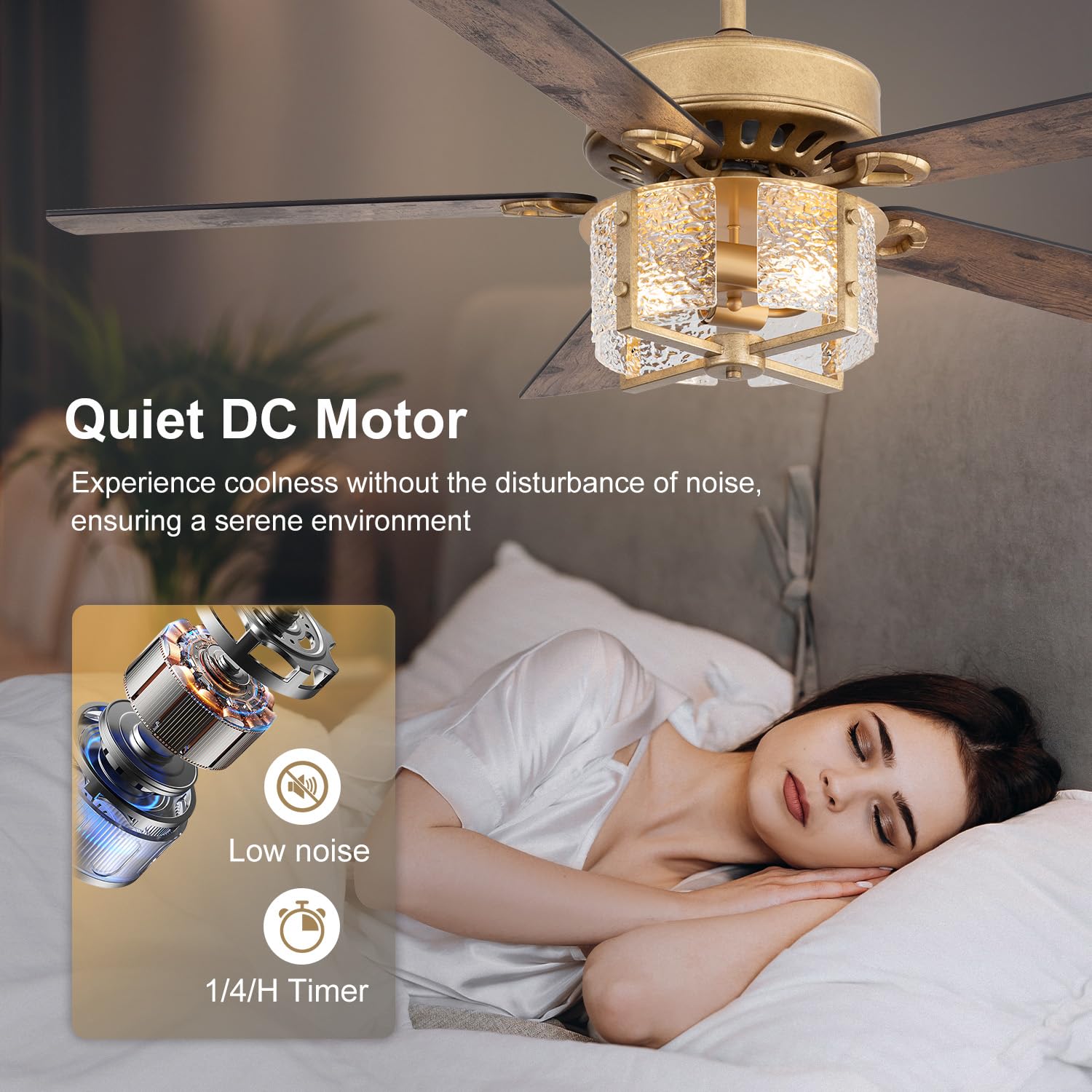 Ventilatore da soffitto moderno da 132 cm con kit di luce e telecomando, motore DC ultra silenzioso, design reversibile a 5 pale, accessorio di luce antico, doppia barra discesa per