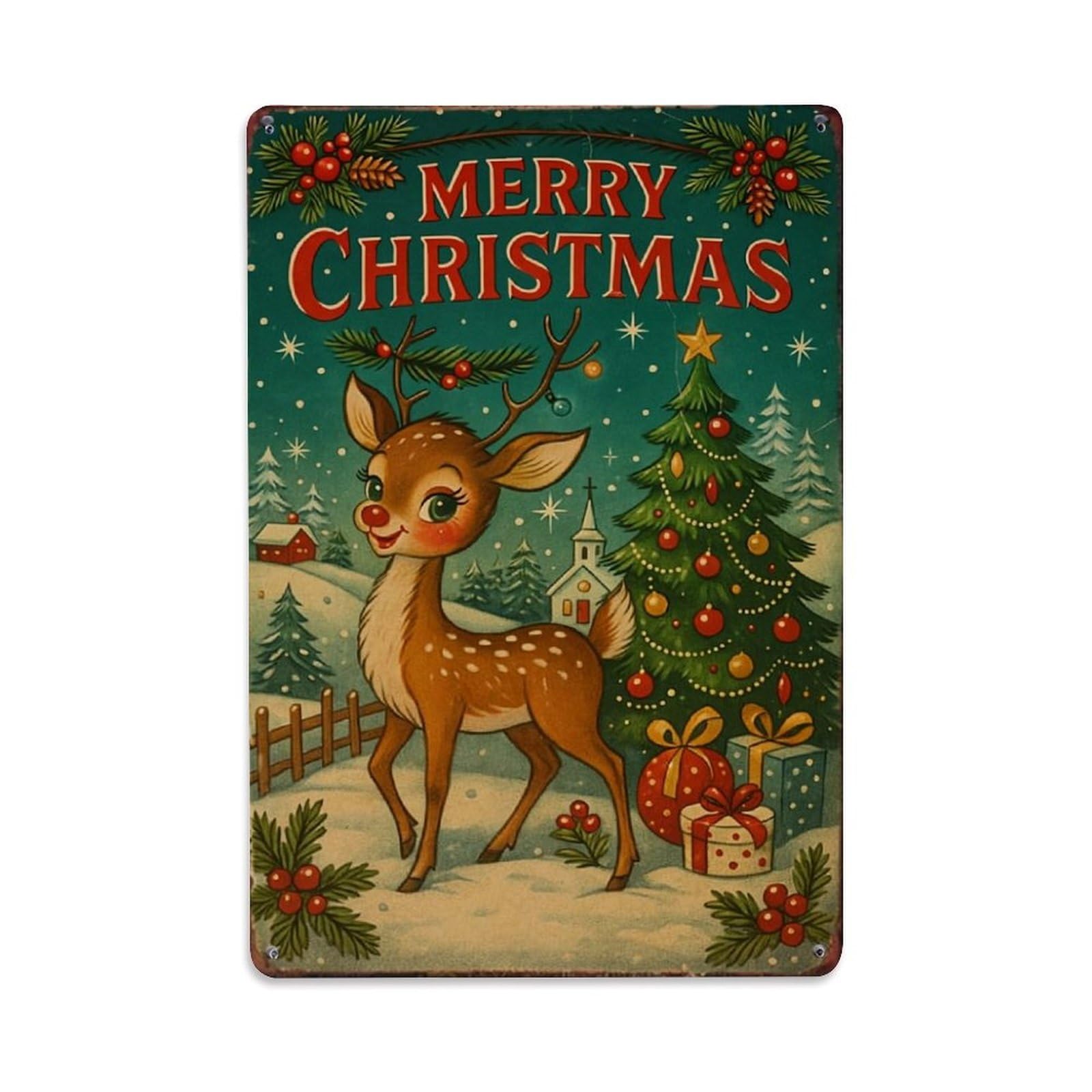 Jdfenggu Vintage Merry Christmas Deer Tree Gifts Retro Metal Tin Sign, Decor Art Poster For Bar, Home, Man Cave, Kitchen, Laundry Room Gift 8X12inch