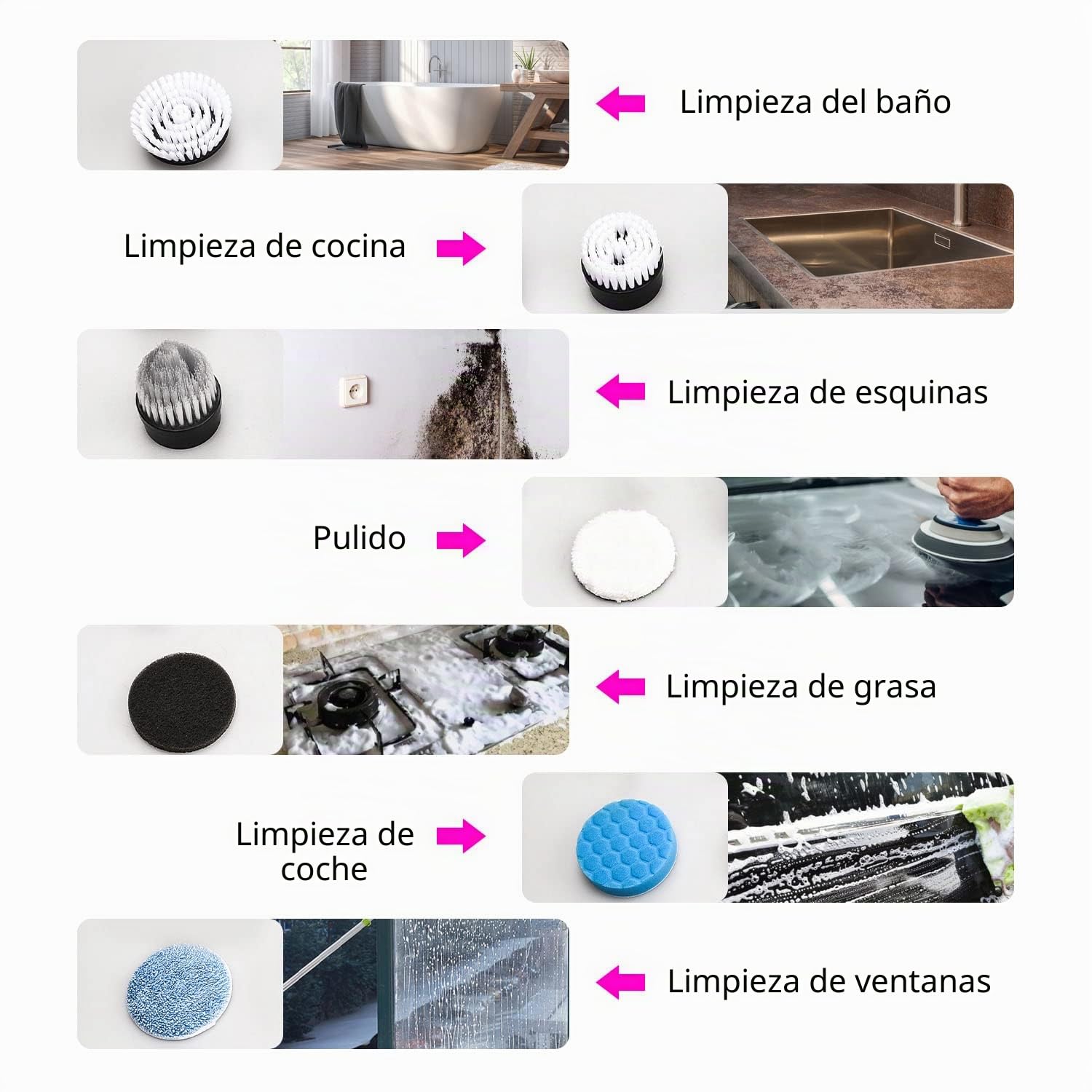 FARI Cepillo de limpieza eléctrico e inalámbrico con 7 cabezales reemplazables, bañera y baldosas, fregona eléctrica con mango ajustable para cuarto de baño y cocina, blanco