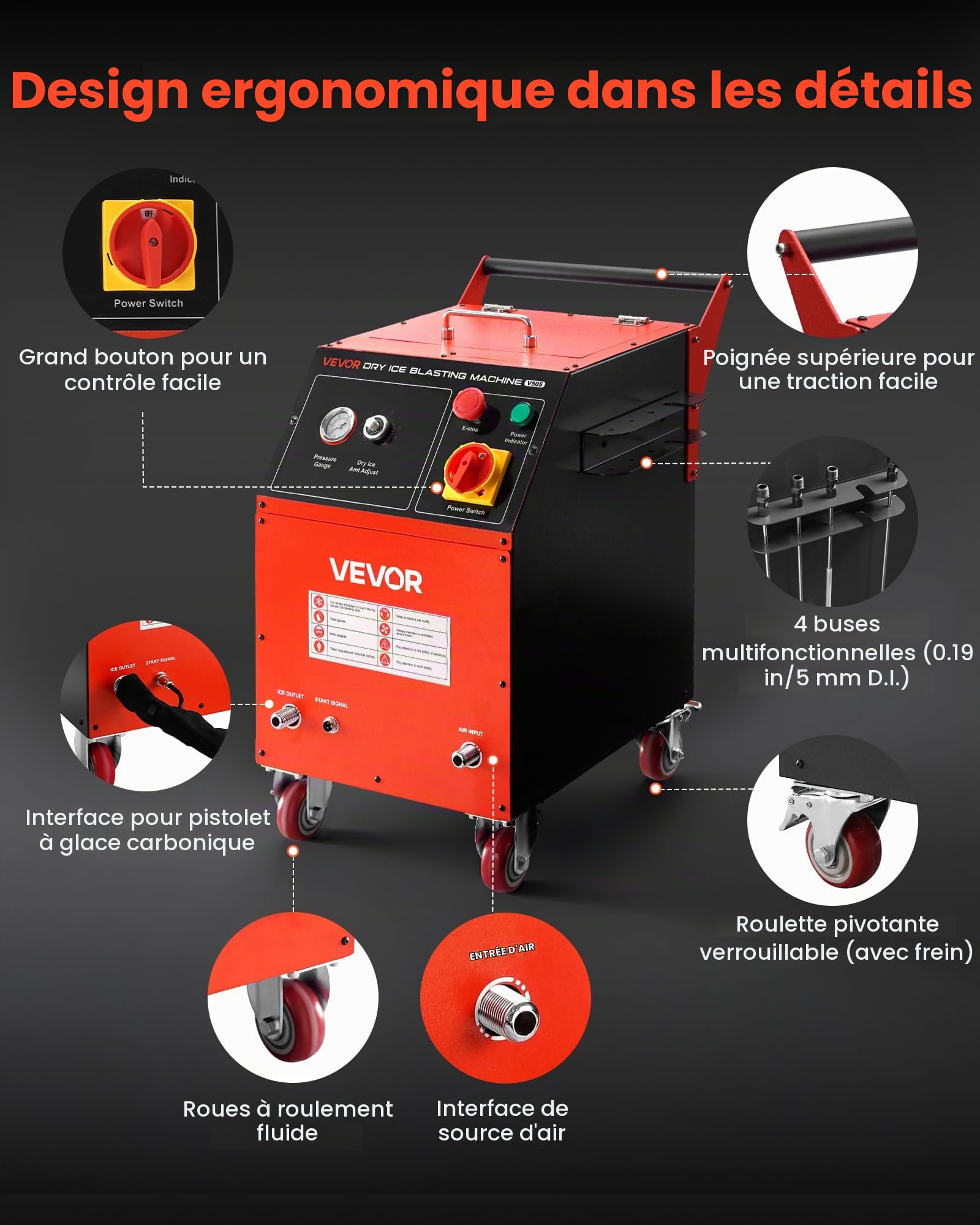 VEVOR Machine de Projection de Glace Sèche, Capacité 5 kg, Machine de Nettoyage Cryogénique 4 Buses, Pression Quantité Réglables, Nettoyeur à Jet Mobile pour Auto, Navire, Aviation, Produits Chimiques