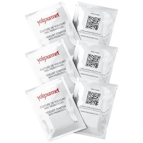 Yogourmet Iniciador de yogur con probióticos (6 sobres 6 cuartos de galón de yogur) - Haz yogur en casa - Cultivo básico - Todo natural, sin