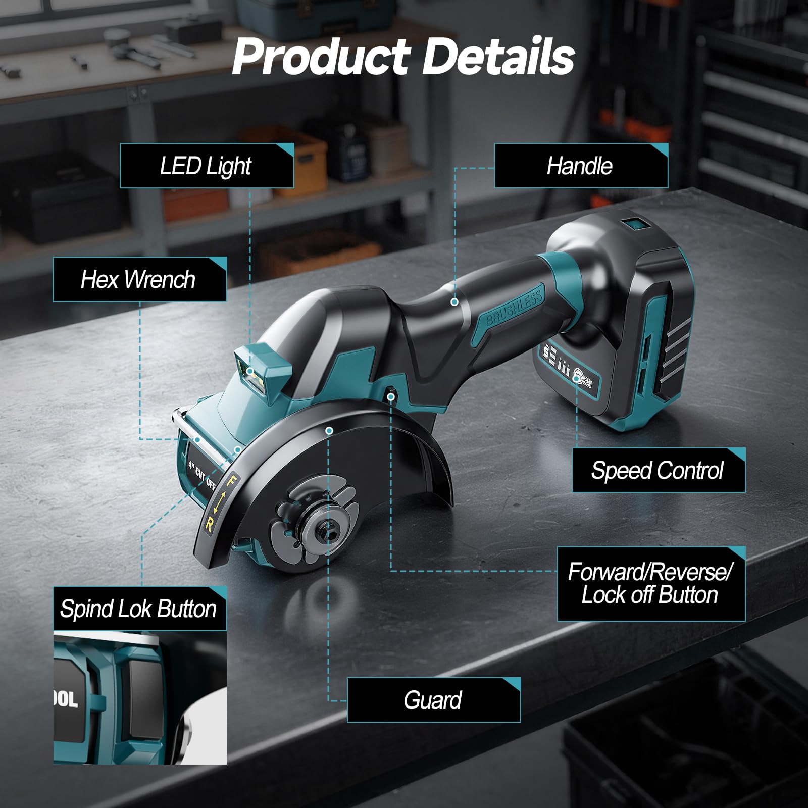 Yofuly Mini Amoladora Angular Batería 100mm Compatible con baterías Makita de 18v, 3 Velocidades 18000RPM Radial Pequeña Eléctrica con 7 Discos de Cort, 2 Baterías de 4,0 Ah