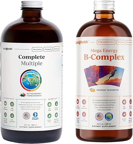 LIQUIDHEALTH Paquete completo de vitaminas líquidas diarias de complejo B múltiple y mega energía para adultos, apoyo del sistema inmunológico,
