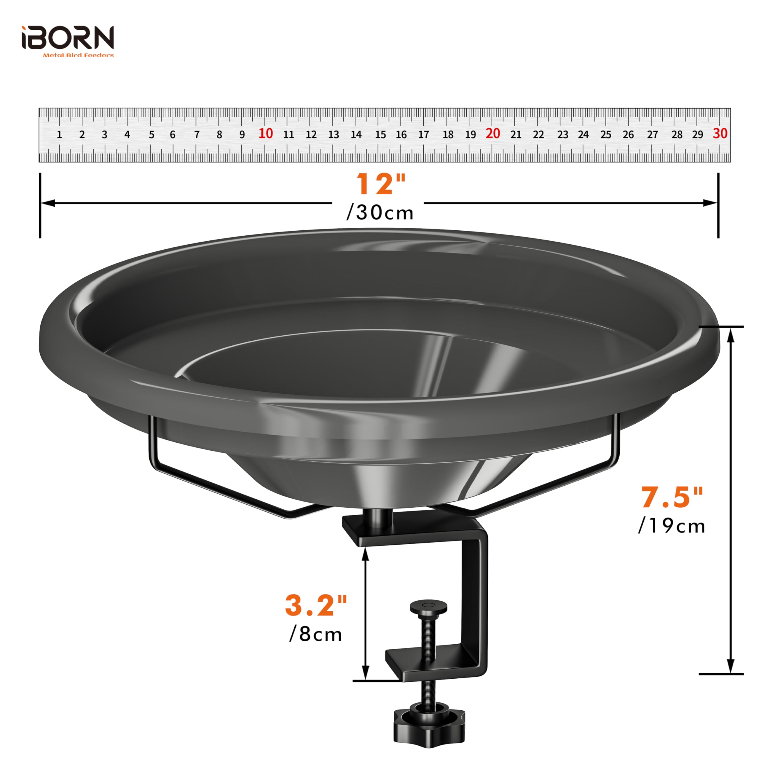 iBorn Bird Bath,Deck Mounted Bird Baths 12inch,Birdbath for Outside with Clamp 3.2inch,BPA-Free Bowl,Chew-Proof,Fully Detachable Design,Easy Clean & Refill,Gray,1 Pack(Not Include Fountain) - Image 2