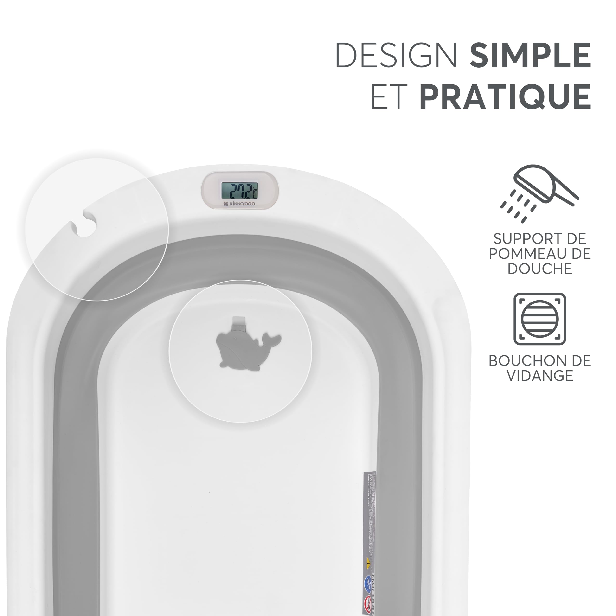 KikkaBoo Baignoire Bébé WILLY Pliable avec Thermomètre Intégré, Coussin Doux, Antidérapant, Matériau Non Toxique, Gris