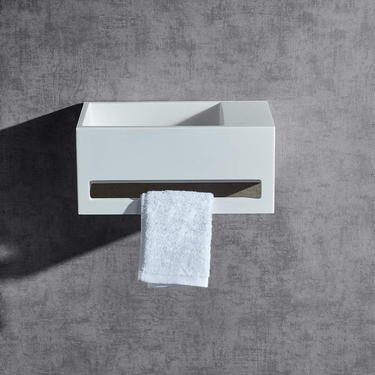 BERNSTEIN - Vasque Lavabo Rectangulaire suspendu Blanc mat 60x40x20cm Lave main mural fonte minérale + Porte-serviette & Bonde sans cache - Etagère à droite - Design, Robuste & Durable - TWG02