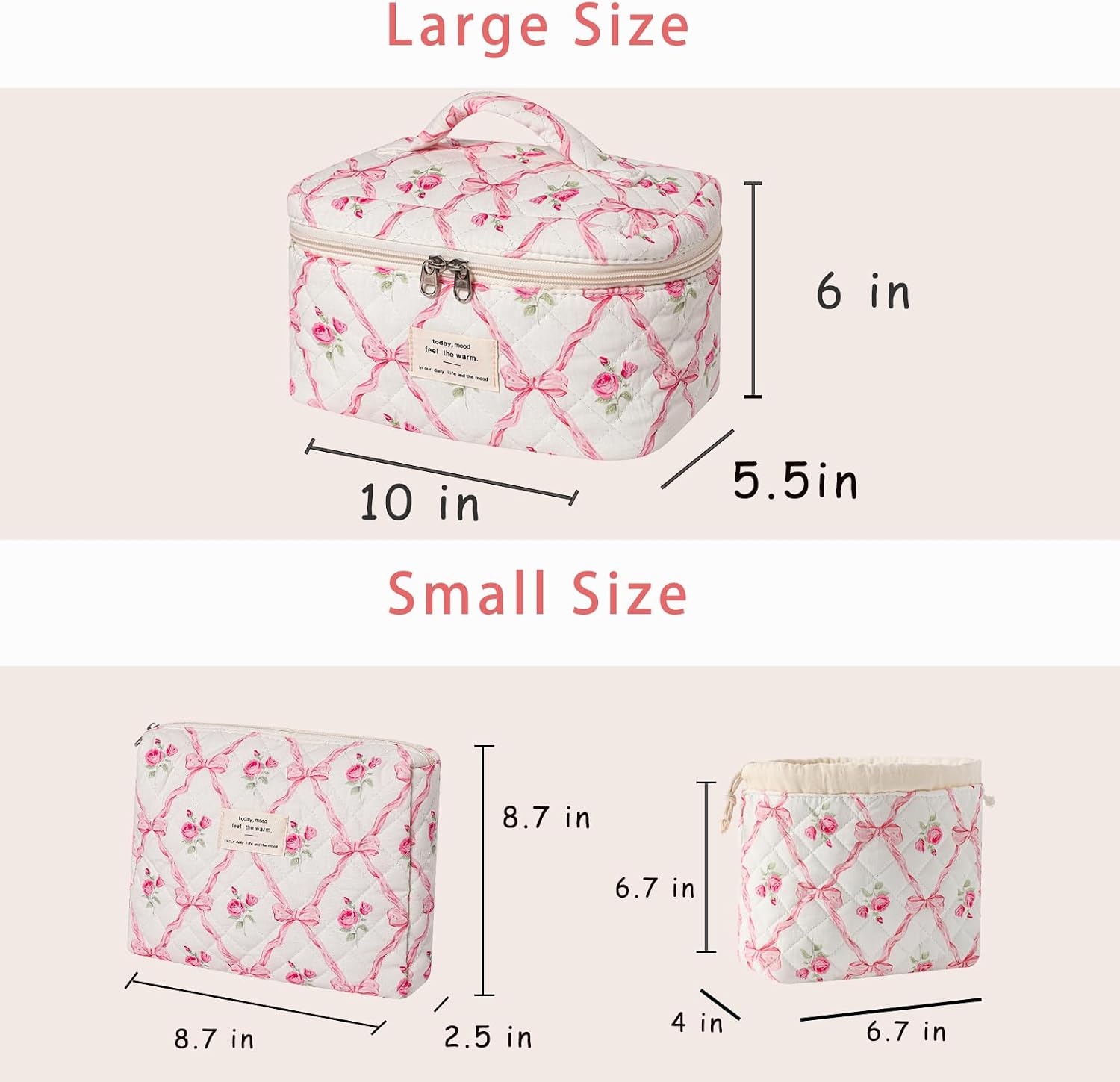 3pcs Large Cotton Quilted Makeup Bag Set,Coquette Aesthetic Cute Travel Toiletry Bag,Drawstring Gift Bag for Women and Girls(3Pcs Pink Bow) image 2