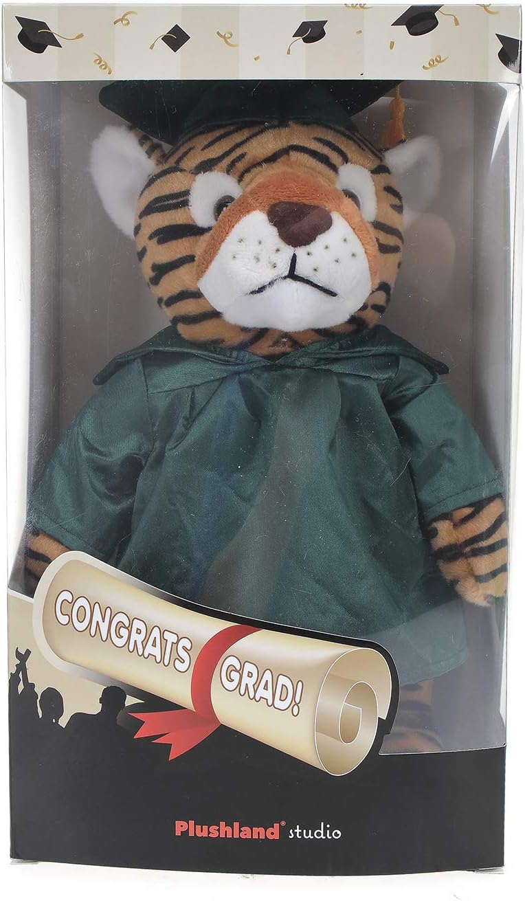 Plushland Tiger Plush Stuffed Animal Toys Present Gifts for Graduation Day, Personalized Text, Name or Your School Logo on Gown, Best for Any Grad School Kids 12 Inches(Forest Green Cap and Gown)