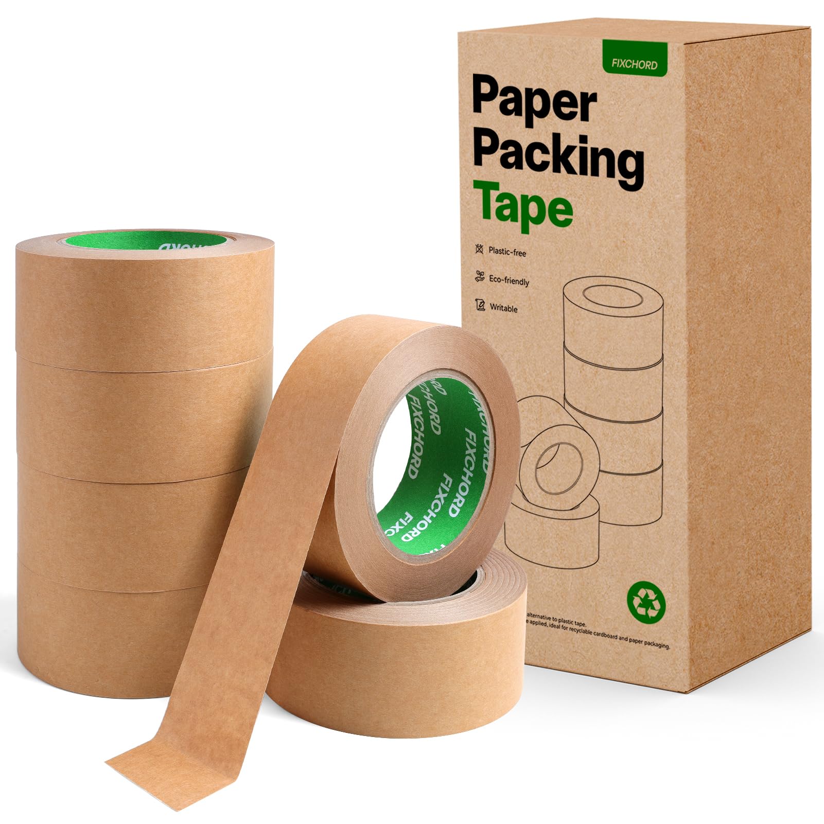 FIXCHORD Kraft Paper Packing Tape 48mm x 50m | Eco Friendly & Recyclable Strong Brown Paper Tape | Writable & Waterproof | Paper Packaging Tape for Packing Parcels and Boxes, Moving House | 6 Rolls