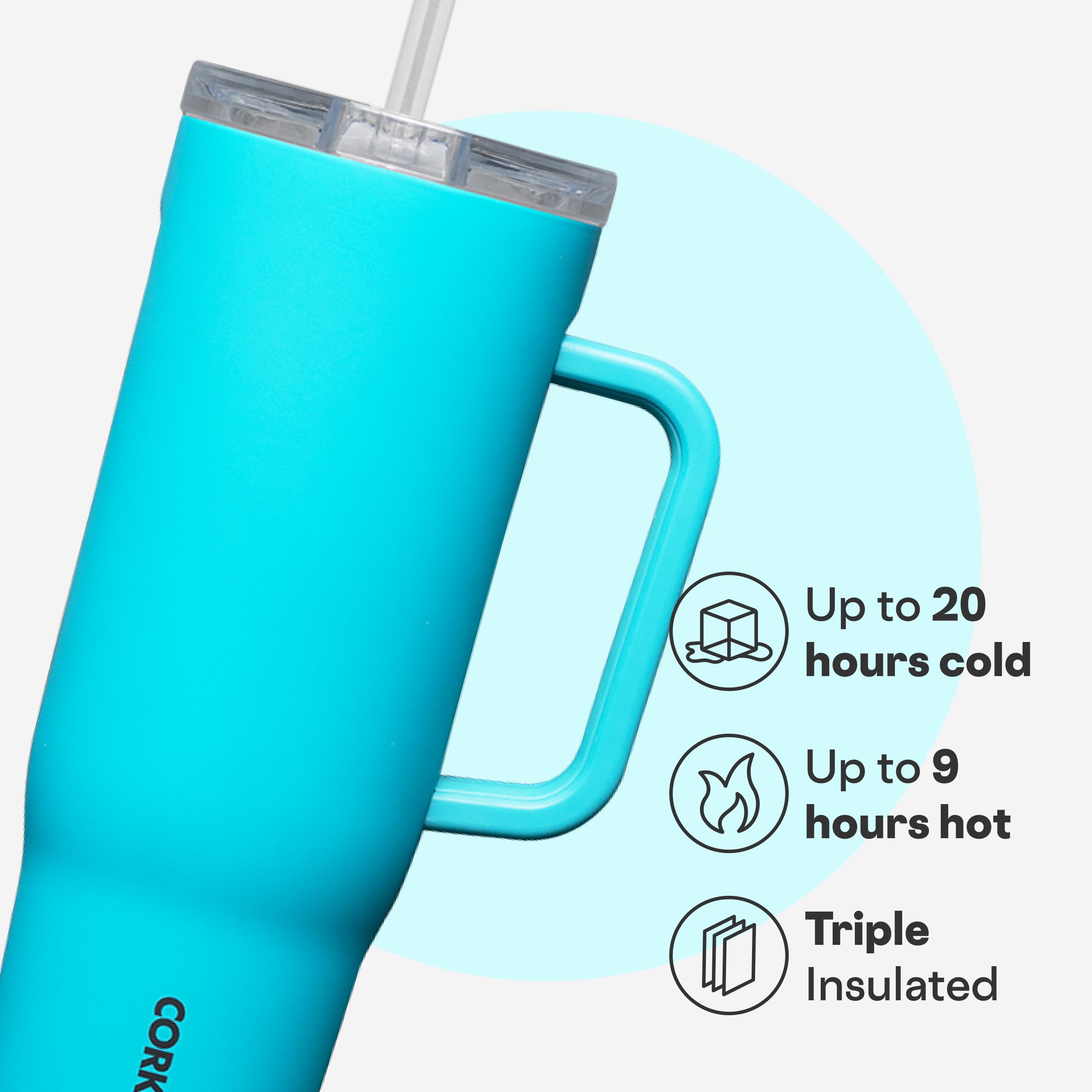 Corkcicle Cruiser Isolierter Becher mit Griff und Strohhalm, Capriblau, 1,2 l, wiederverwendbare Wasserflasche hält Getränke 20 Stunden kalt, 9 Stunden heiß, Becherhalter, auslaufsicherer Becher