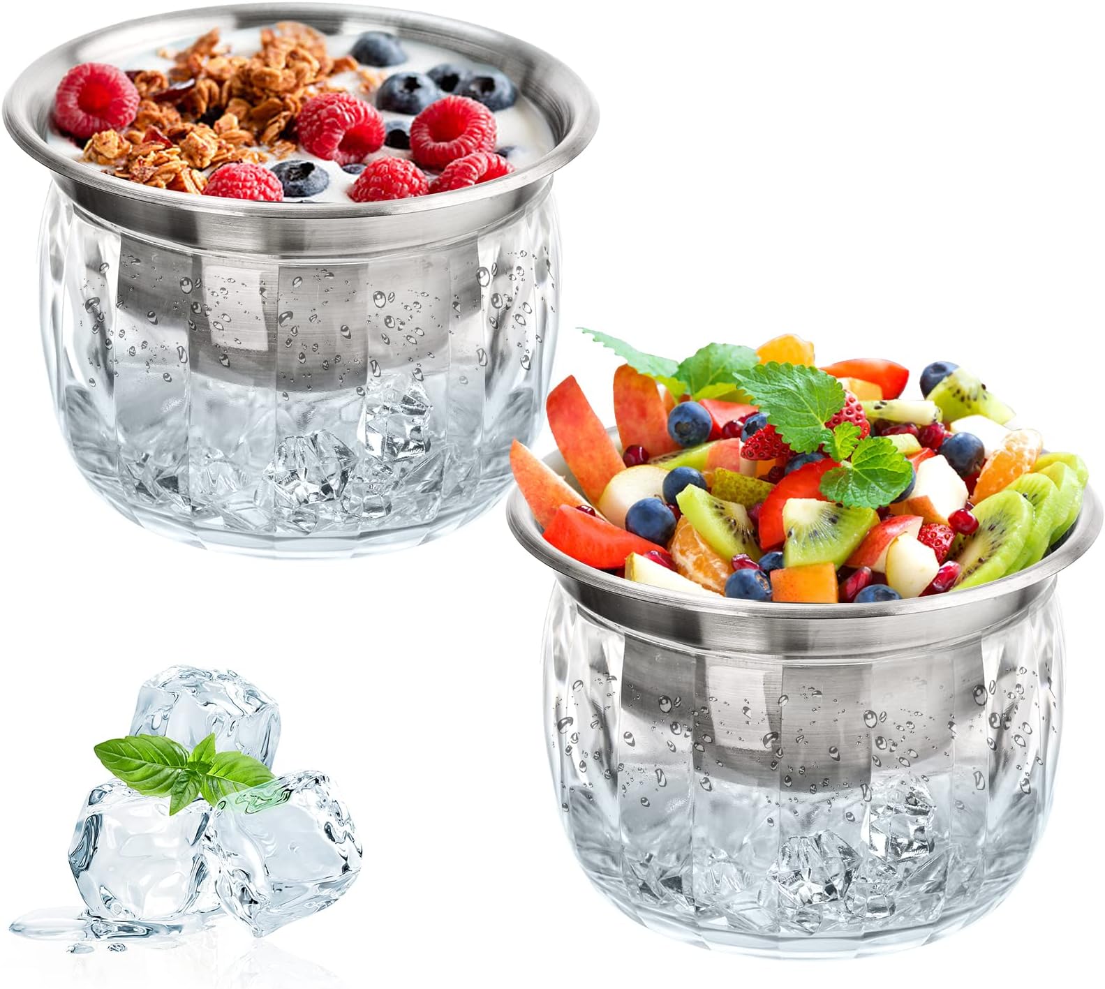 ZENFUN 2 Pack 20 Oz Chilled Dip Bowl with Acrylic Ice Bowl Base, Stainless Steel Ice Chilled Serving Dish Iced Salad Bowl Set for Chilled Pasta, Potato, Dressing, Fruit