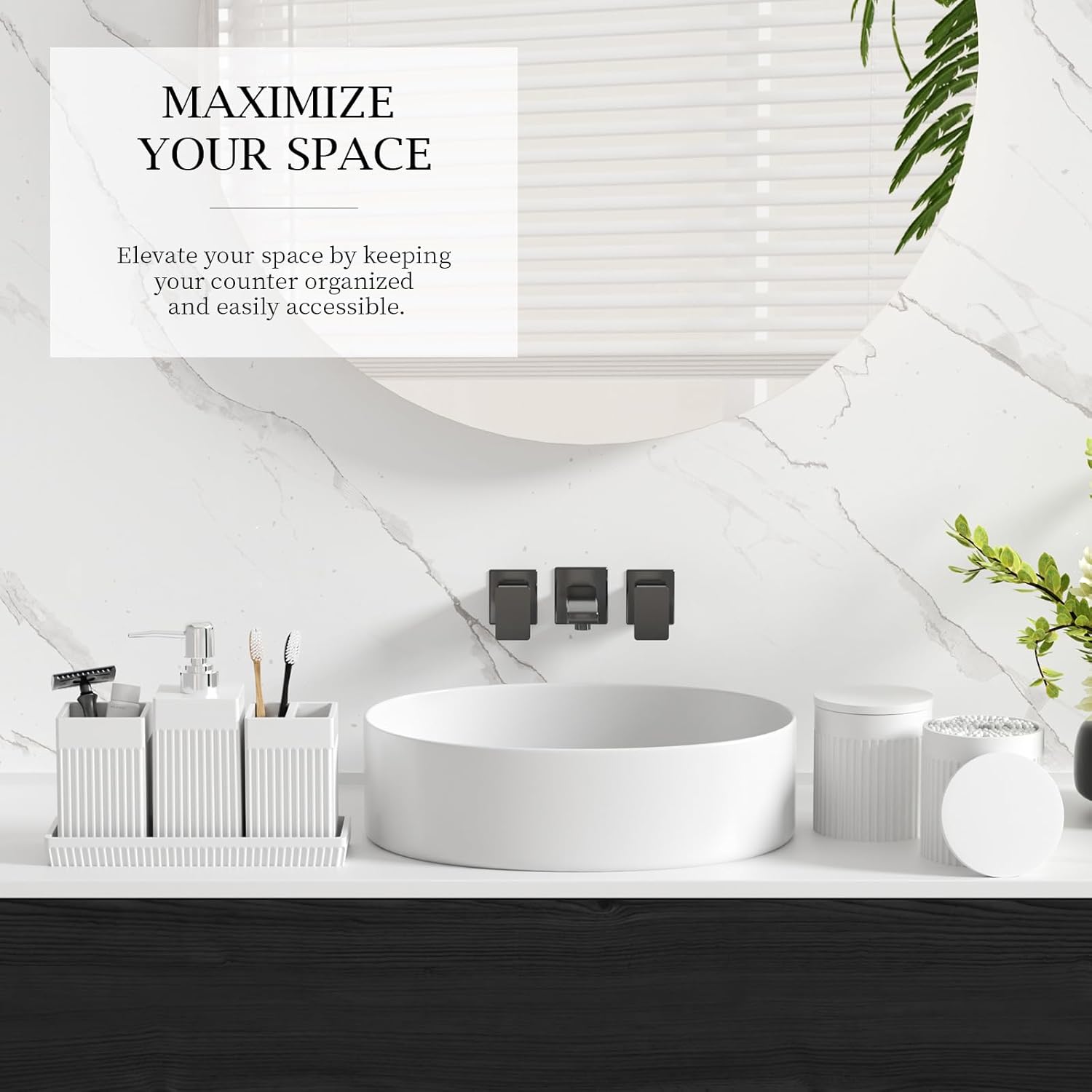 6-Piece White Bathroom Set - Modern Resin Bathroom Accessories Set with Soap Dispenser, Toothbrush Holder, Vanity Tray, Tumbler & Apothecary Jars for Small Spaces - Image 6