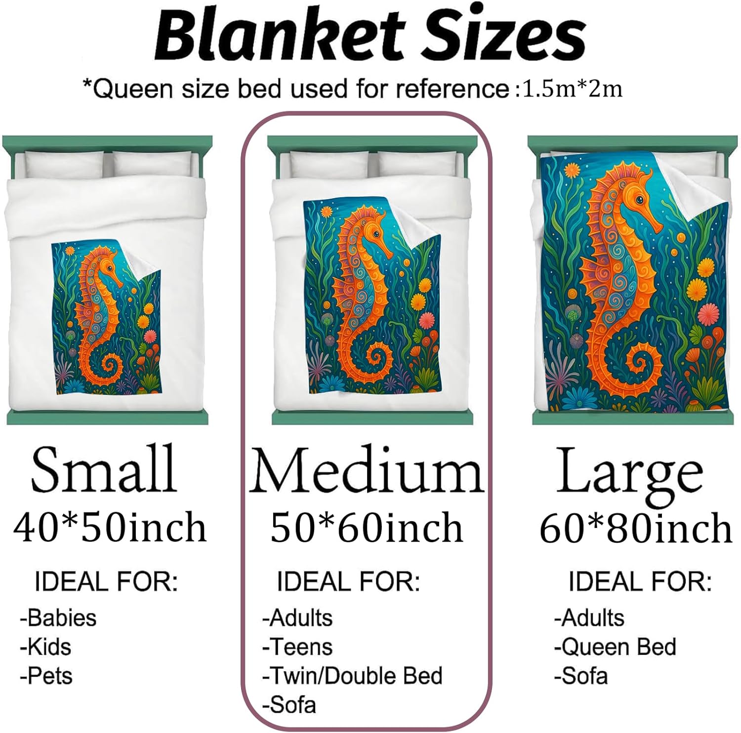 Colorful Seahorse Blanket Lightweight Flannel Blankets Gifts for Adults with Vibrant Underwater Art Printed Throw for Couch Chair Office Bedroom Decor, 60x50inch