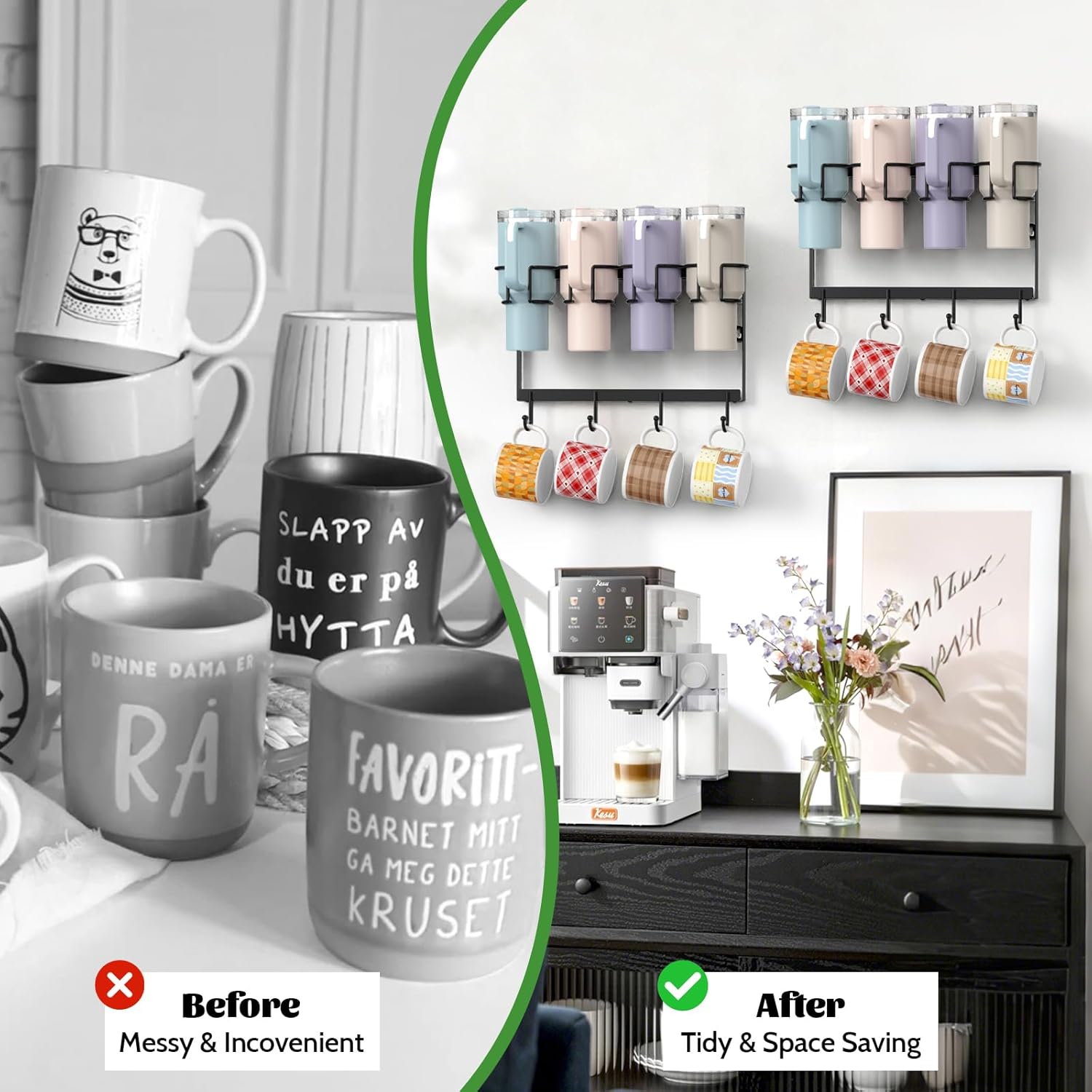 Wall Mount Cup Holder for Stanley 20/30/40oz, 2 Pack Tumbler Cup Organizer, Water Bottle Organizer with Hooks Storage Coffee Mug Cup, Universal Drilling - Image 5