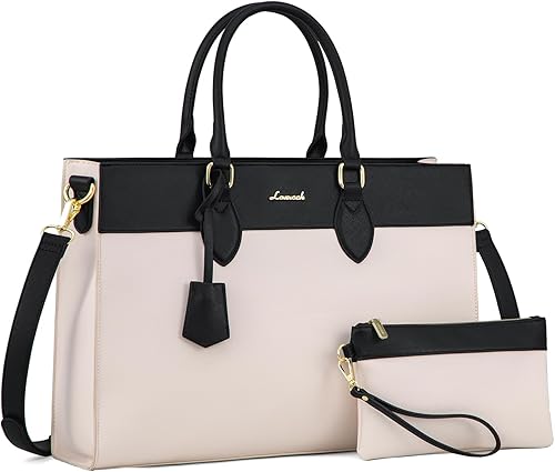 LOVEVOOK Bolsa para laptop para mujer, bolsa de trabajo para laptop de 15.6 pulgadas, maletín grande de cuero impermeable para oficina, beige y negro