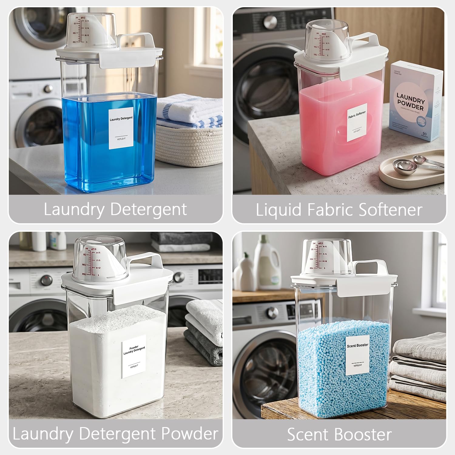 Dispensador de detergente líquido para ropa de 64 onzas, dispensador de jabón de lavandería, soporte y recipiente para suavizante de tela de plástico transparente, organización y