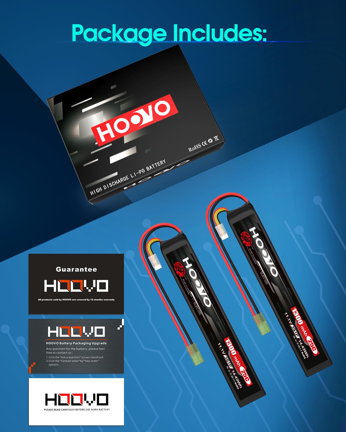 HOOVO Airsoft Battrie 1300mAh 3S 11.1V 25C Batterie Lipo Batterie Rechargeable pour Pistolet Airsoft avec Mini Prise Tamiya (Pack de 2)