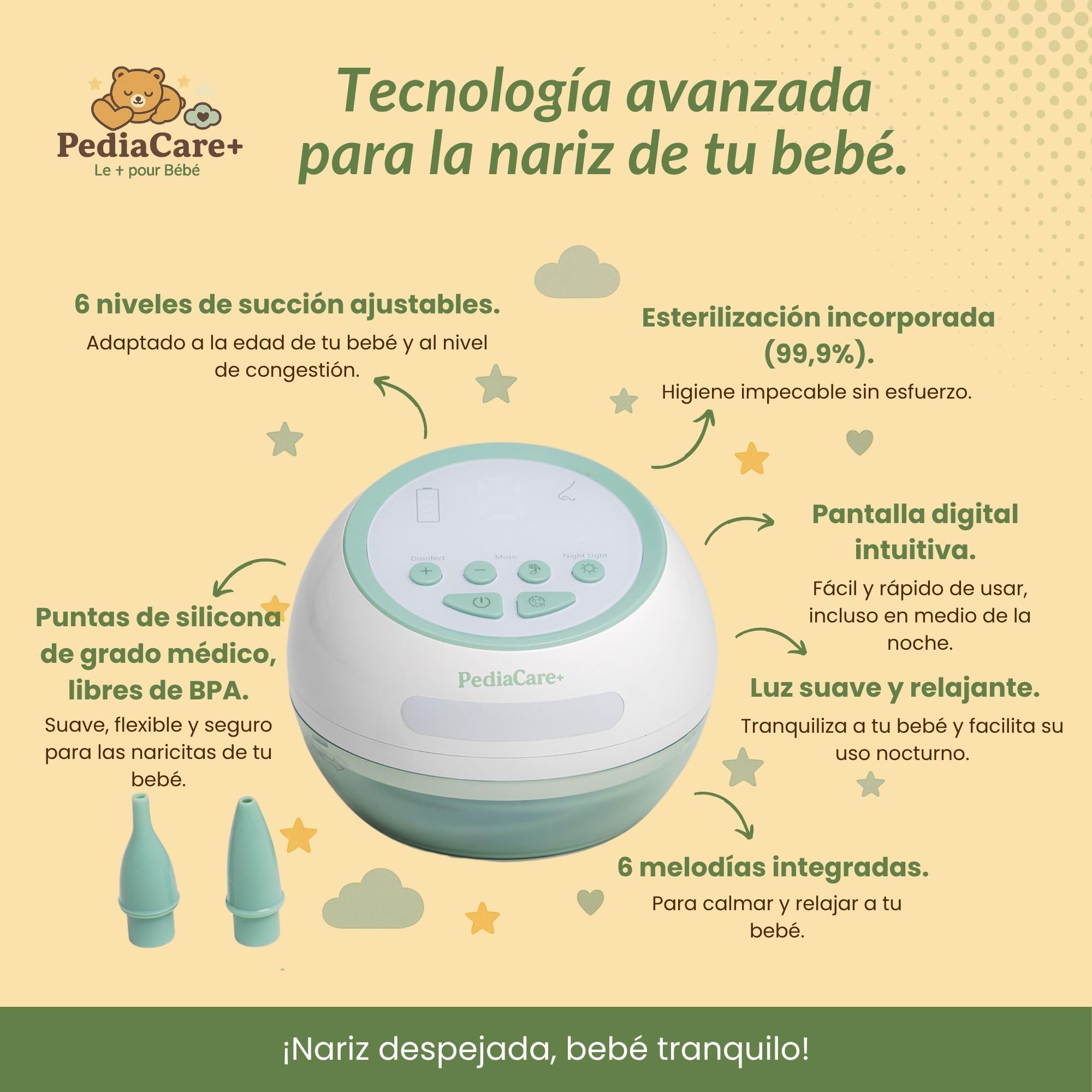 Pediacare+ Aspirador Nasal Eléctrico Bebé Silencioso – Saca Mocos Bebé Recargable, Higiénico con Función de Esterilización, Aspirador Nasal Recién Nacidos y Niños