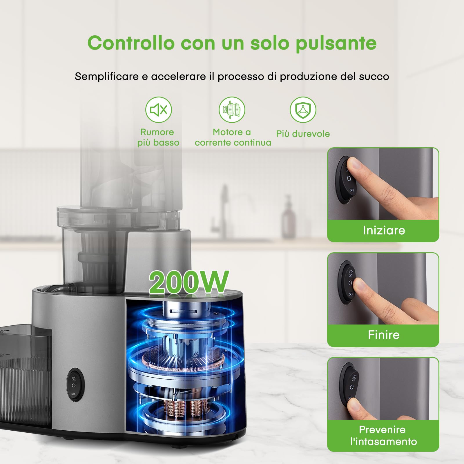 Estrattore Frutta e Verdura con 119MM Senza Preparazione , Estrattore di Succo a Freddo con 200W Motore Silenzioso e Funzione Inversa che, Facile da Pulire con un Pennello