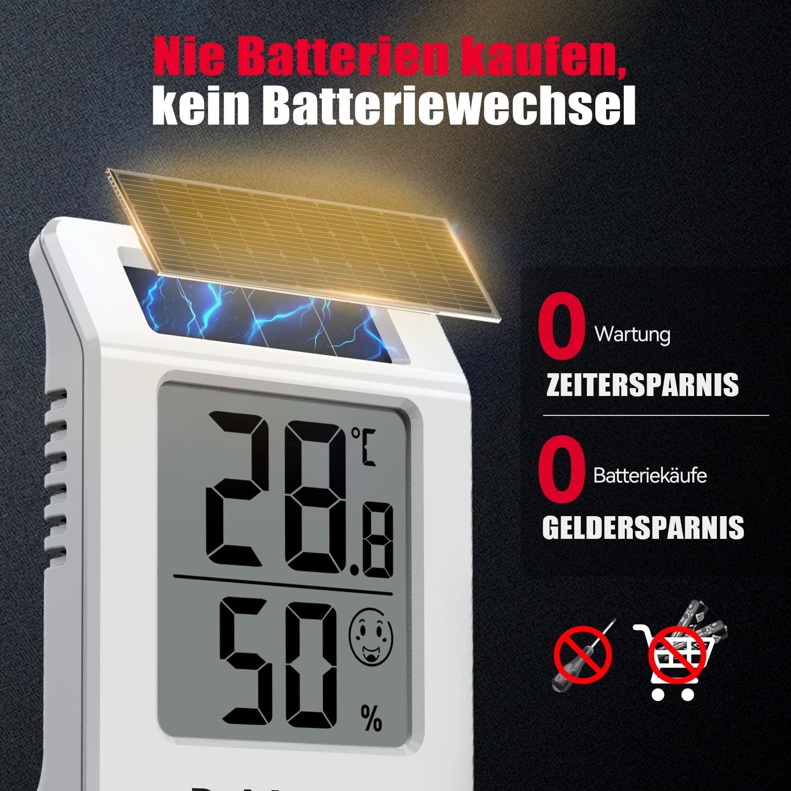 2,2" Digitales Thermometer und Hygrometer, solarbetriebener Innenraum-Temperatur- und Feuchtigkeitssensor, Feuchtigkeitsmesser für Babyzimmer, Schlafzimmer, Zuhause (Weiß - 3 Stück)