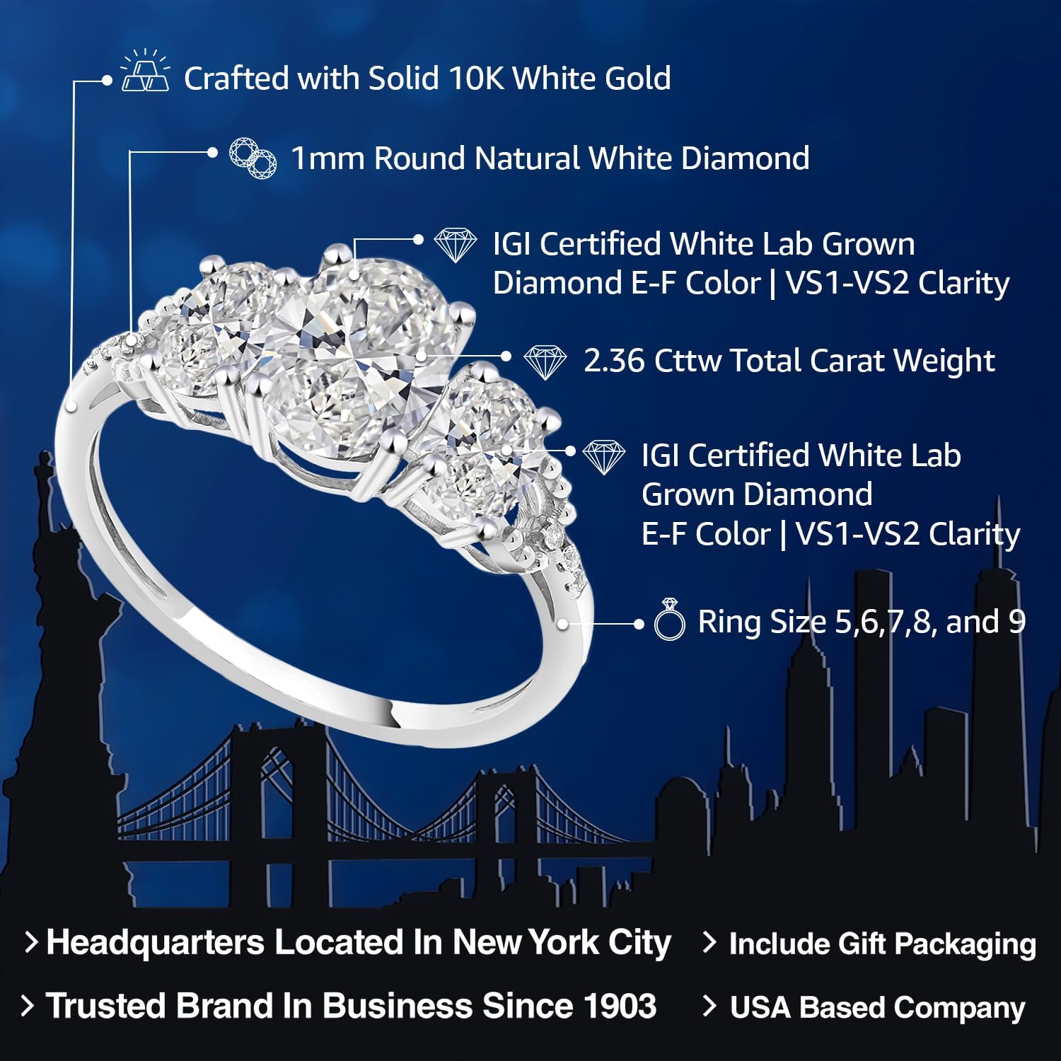 Gem Stone King 2.36 Cttw 10K White Gold White Lab Grown Diamond 3-Stone Engagement Ring For Women | Center 1.5 Ct IGI Certified Diamond | E-F Color | VS1-VS2 Clarity - Image 2
