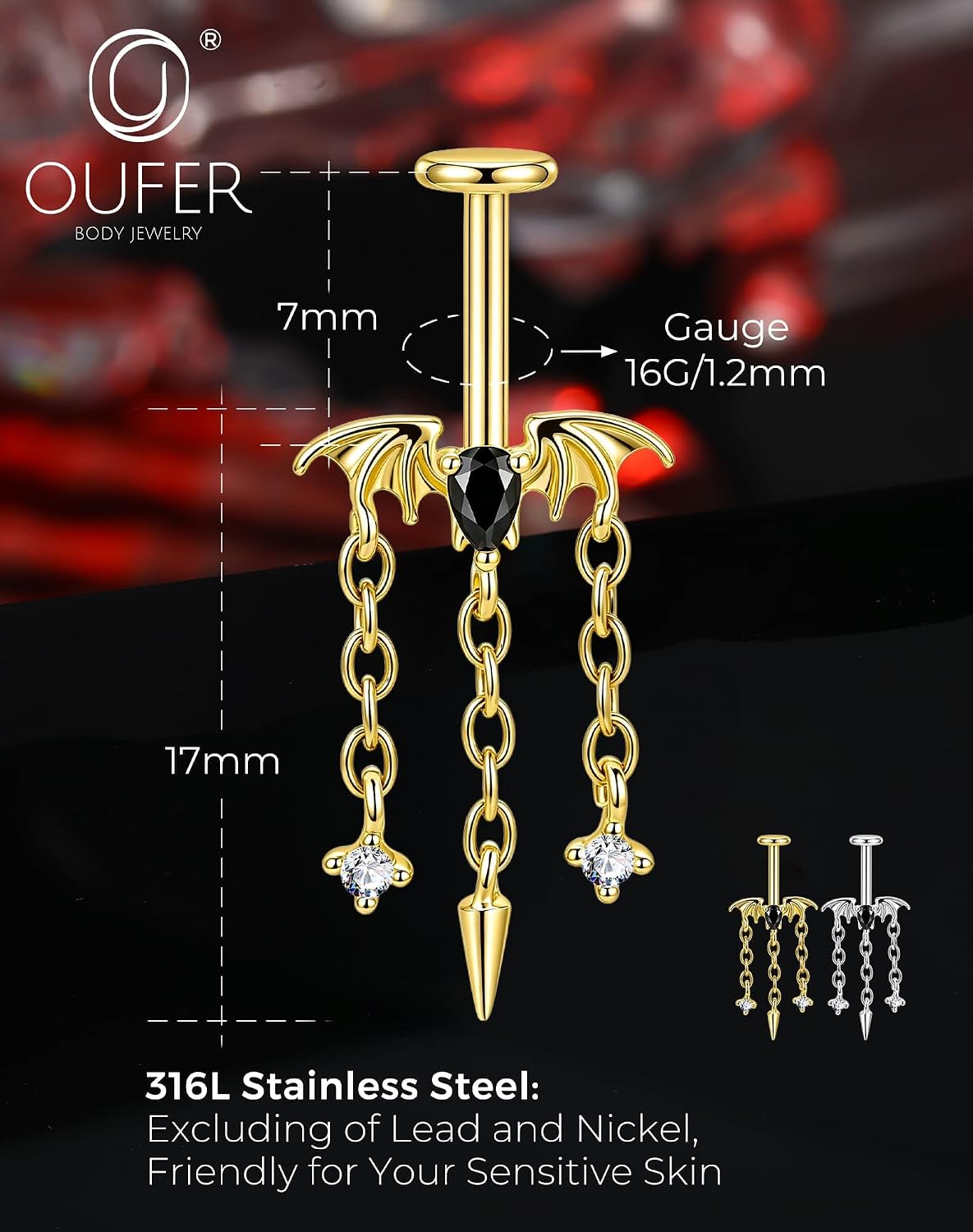 OUFER Halloween Bat Vertical Helix Earring, Black/Red CZ Upper Ear Piercing