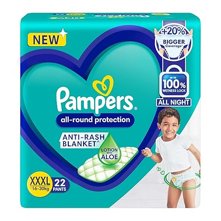 Pampers All round Protection Pants Style Baby Diapers, XXX-Large (XXXL) Size, 22 Count, Anti Rash Blanket, Lotion with Aloe Vera, 17+ kgs Diapers