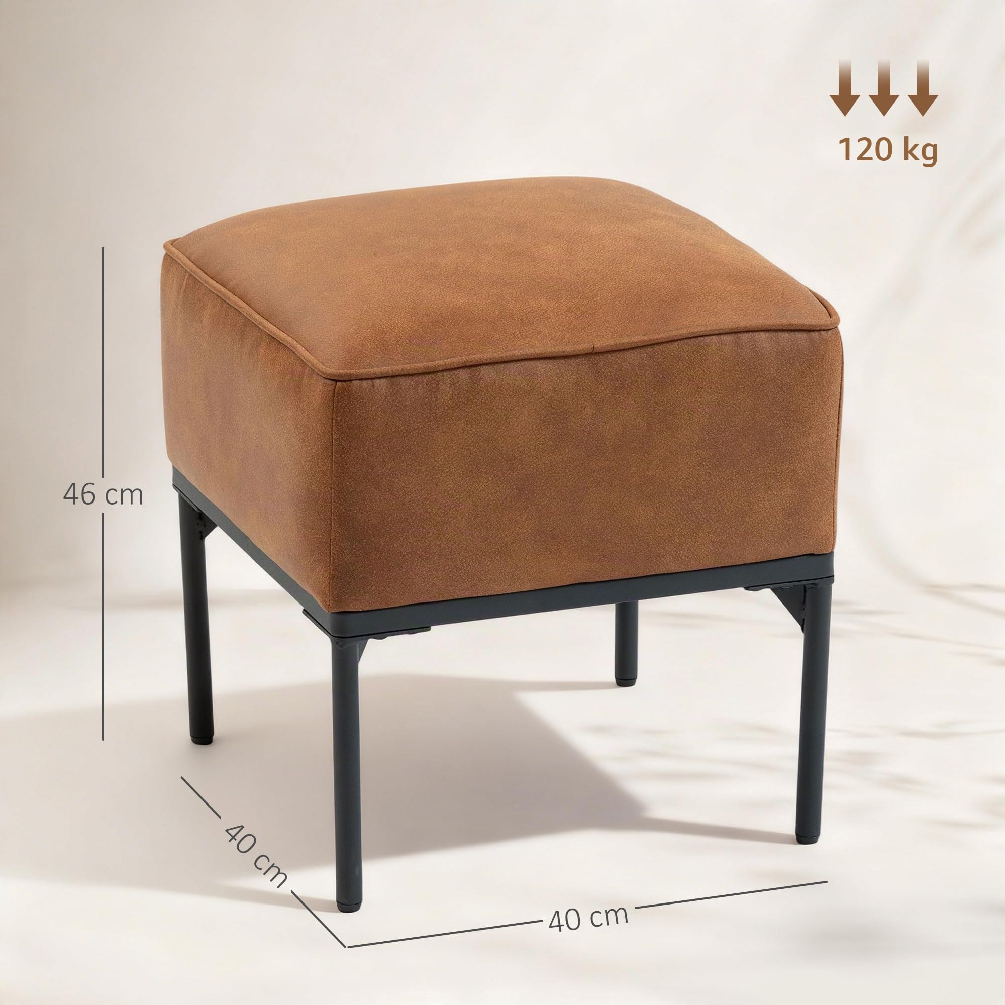 HOMCOM Reposapiés Salón Taburete Bajo Moderno Otomana 40x40x46 cm Marrón | Asiento Acolchado Grueso, Patas de Acero, Cuero Sintético, Otomana de Dormitorio, Carga 120 kg, para Entrada, Pasillo
