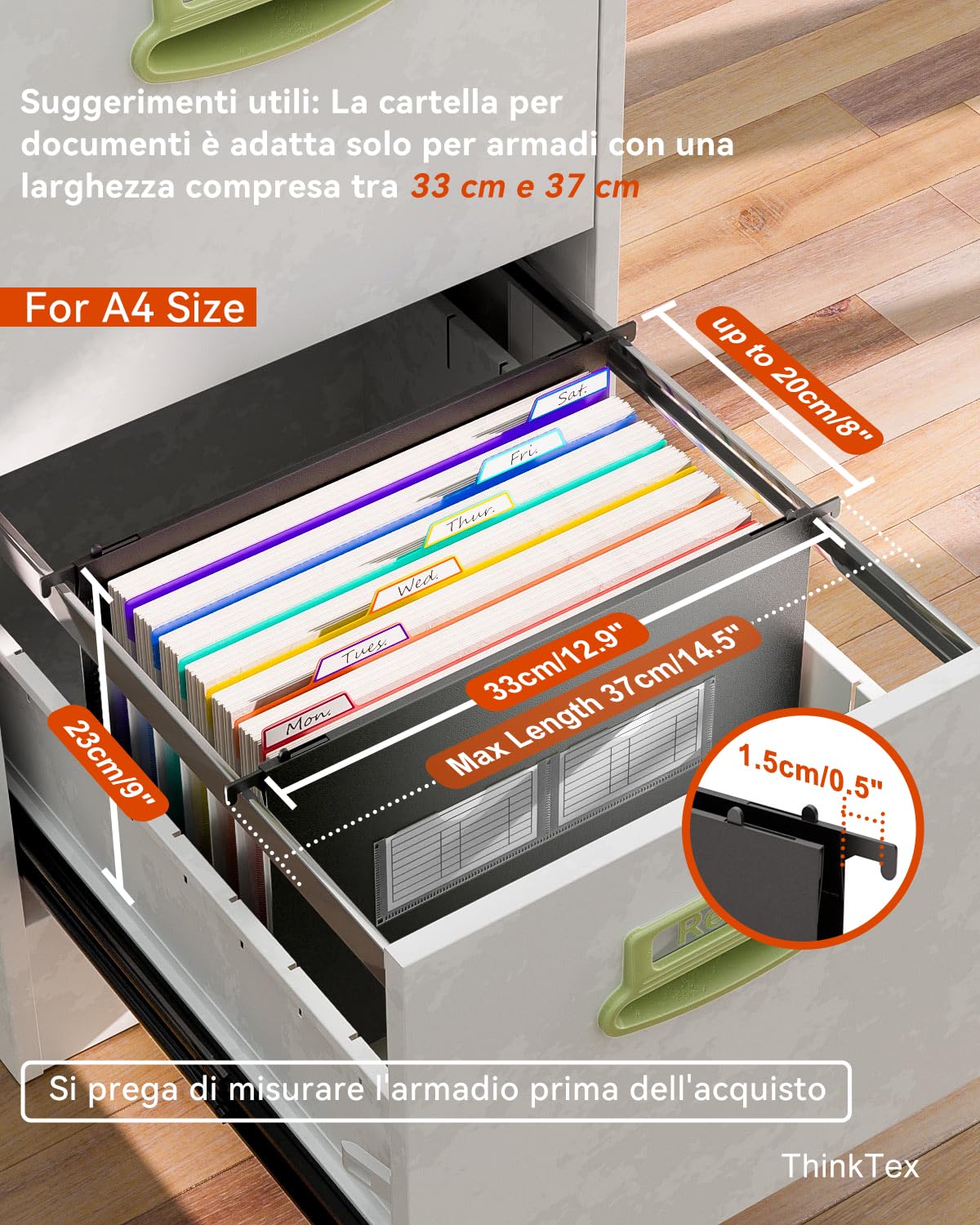 ThinkTex 6 cartelline sospese in plastica A4 con tasche espandibili, 7 innovative tasche a fisarmonica da 3 cm (adatte per armadietti da 32 cm a 37 cm)