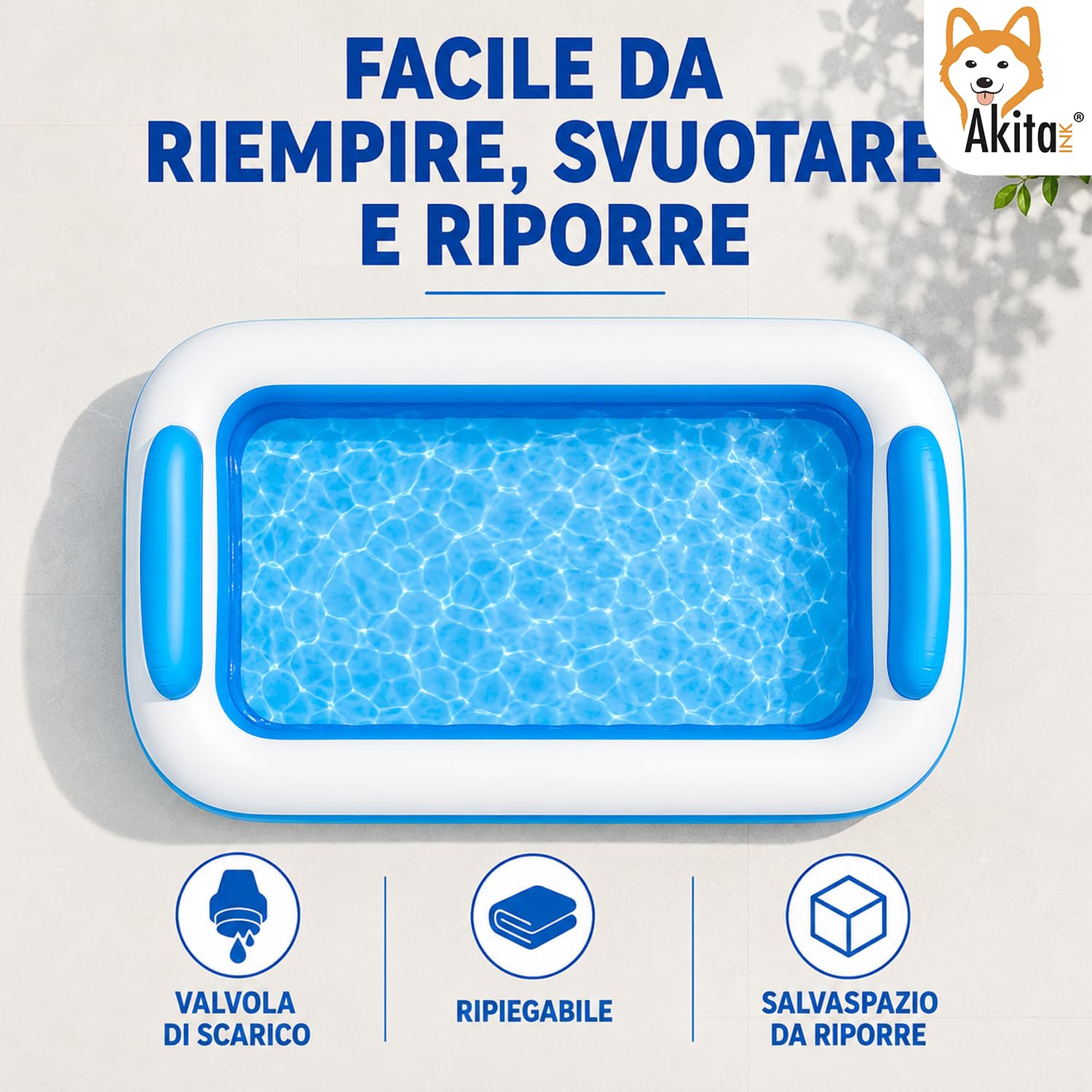 Akitaink Piscina Gonfiabile Rettangolare 266x175x50 cm con Cuscini Integrati, in Vinile Resistente per Bambini dai 3 Anni, Colore Azzurro e Bianco
