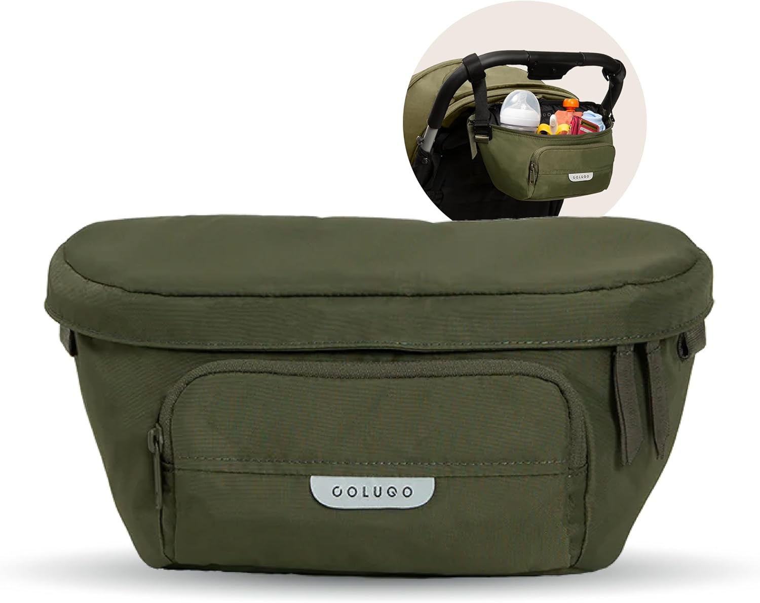 Colugo On-The-Go Stroller Organizer Insert with Zipper, Caddy with Cup Holder, Stroller Accessories for Parents specially designed to fit to your stroller with Non Slip Straps (Olive)