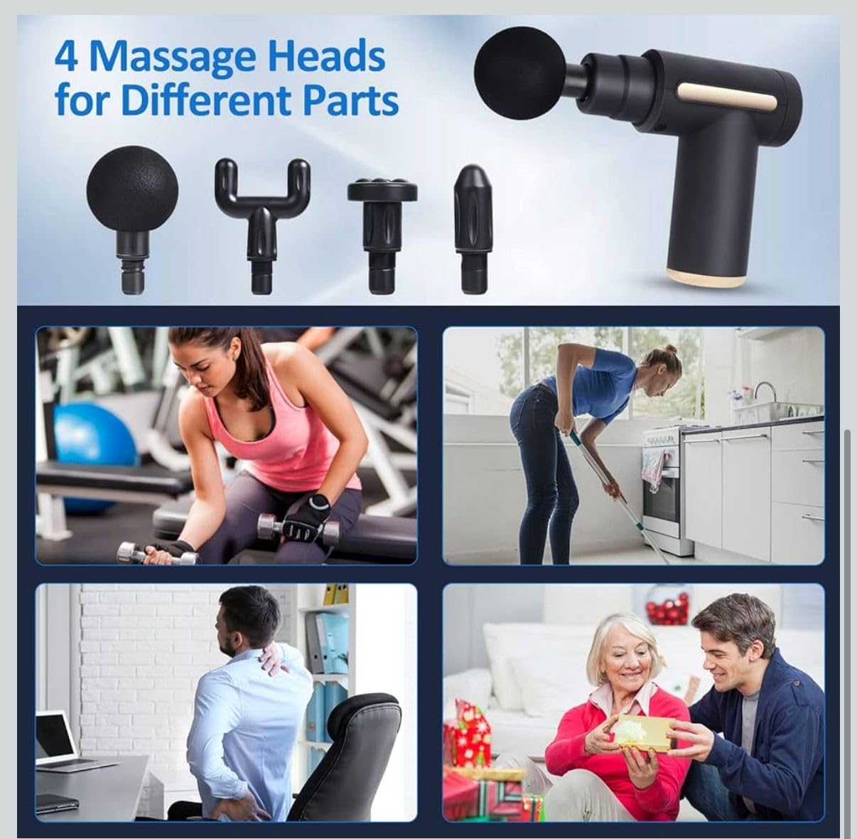 Foliam Massager Cordless Handheld for Pain Relief Muscles Percussion Deep Tissue Vibration Sports Gun Electric Therapy Family Relaxation with 4 Body Massage Heads(Multicolour) 3