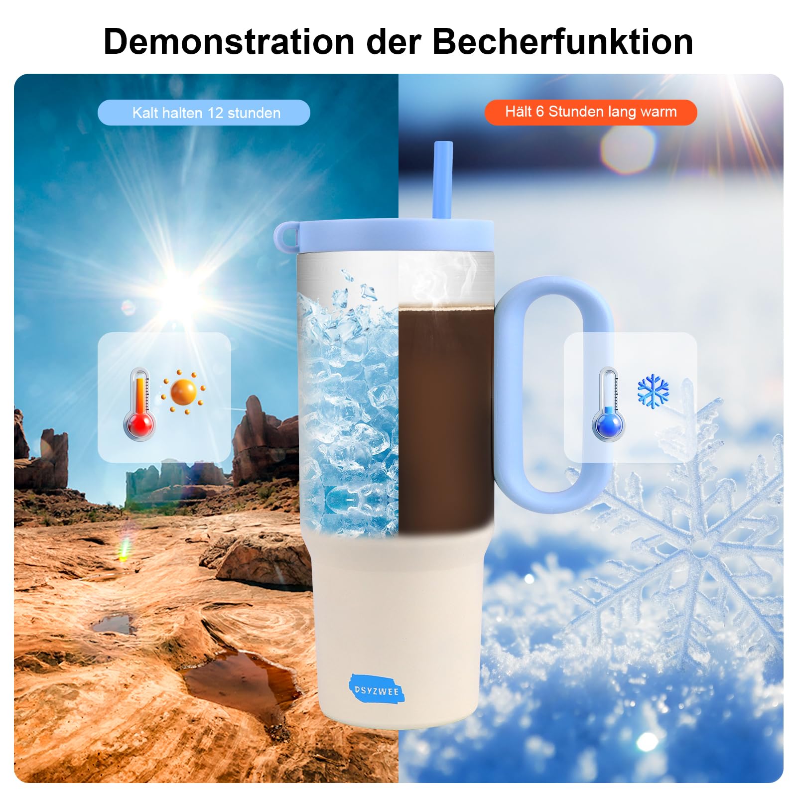 DSYZWEE 750 ml Thermobecher, 26 oz mit Strohhalm und Henkel, Doppelwandiger Edelstahl Vakuum Auslaufsicher Trinkbecher, Autobecher Becher Tumbler Thermobecher Kaffeebecher Weißblau Küche, Haushalt & Wohnen