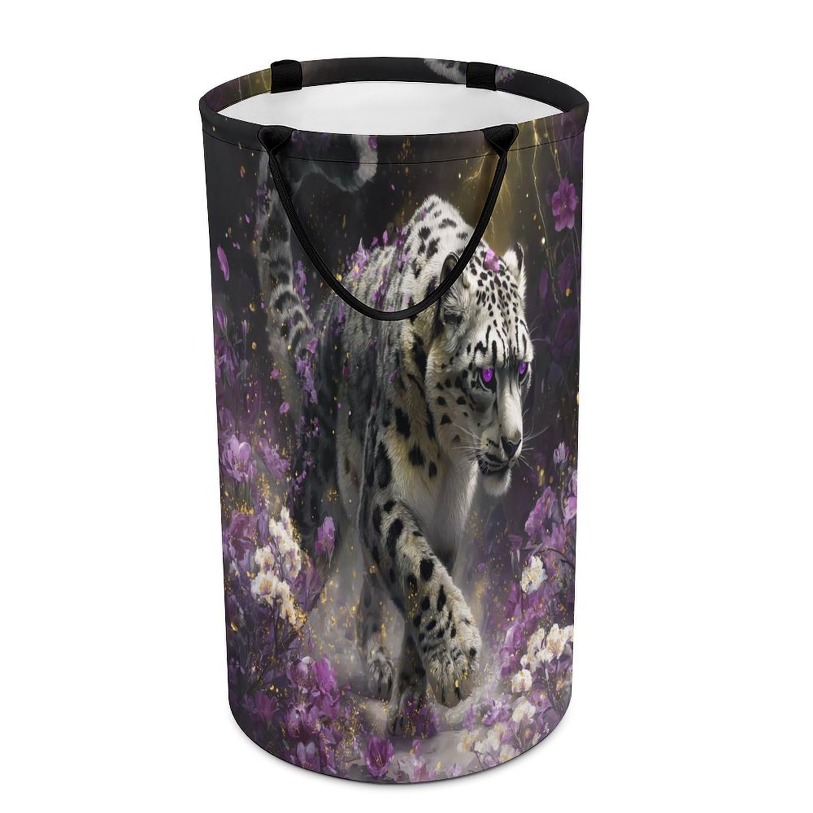 LUYYSKY Vintage Beautiful Snow Leopard Versatile Storage Laundry Basket, Cool Watercolor Animal Leopard Purple Lily Floral Large Capacity Bathroom Hamper With Handle