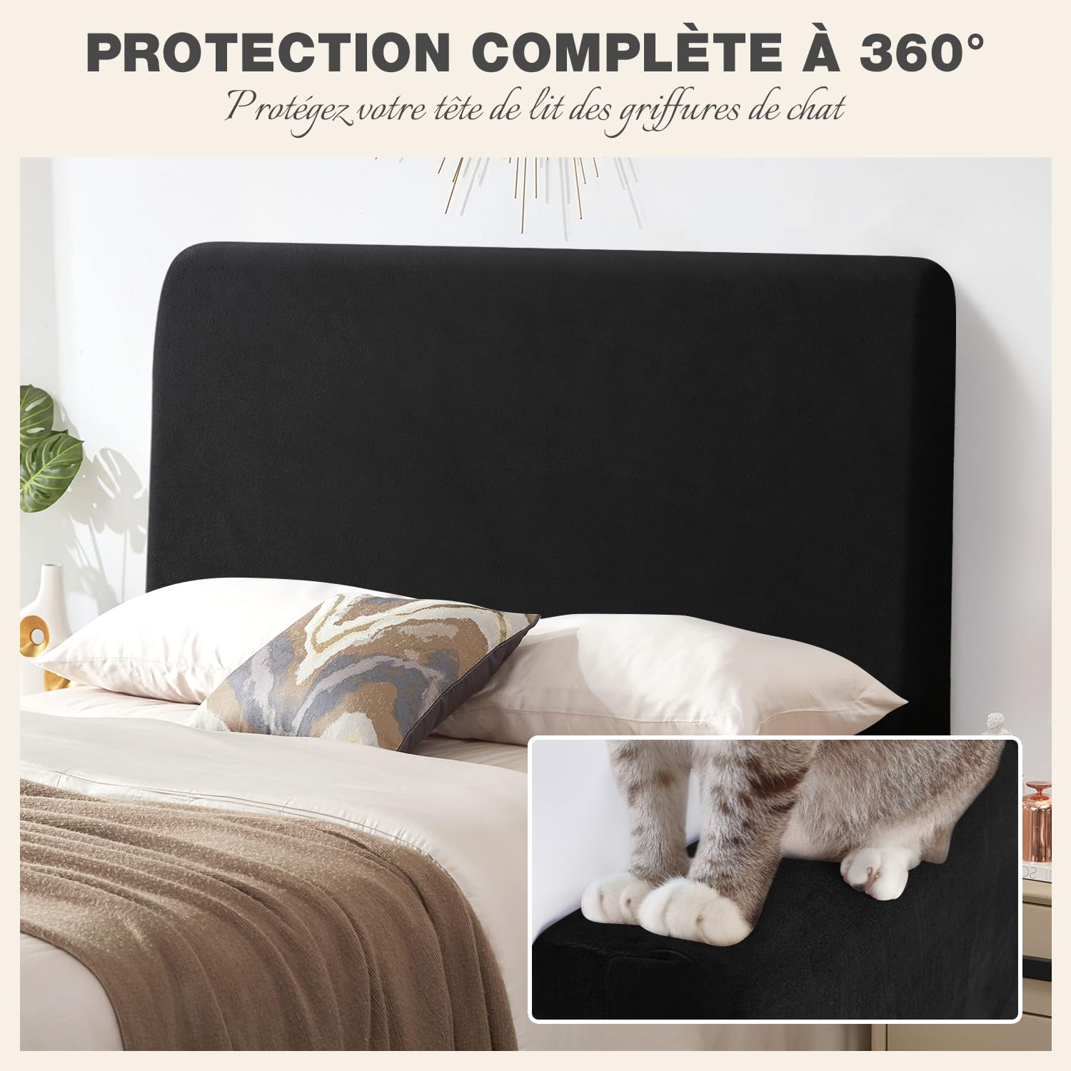 TAOCOCO Housse de Tête de Lit 160 cm, Tête de Lit Double élastique, Housse de Protection Antipoussière, Tissu Velours Extensible Doux, Lavable, Design Tout-en-Un (150/160/170 cm, Noir)