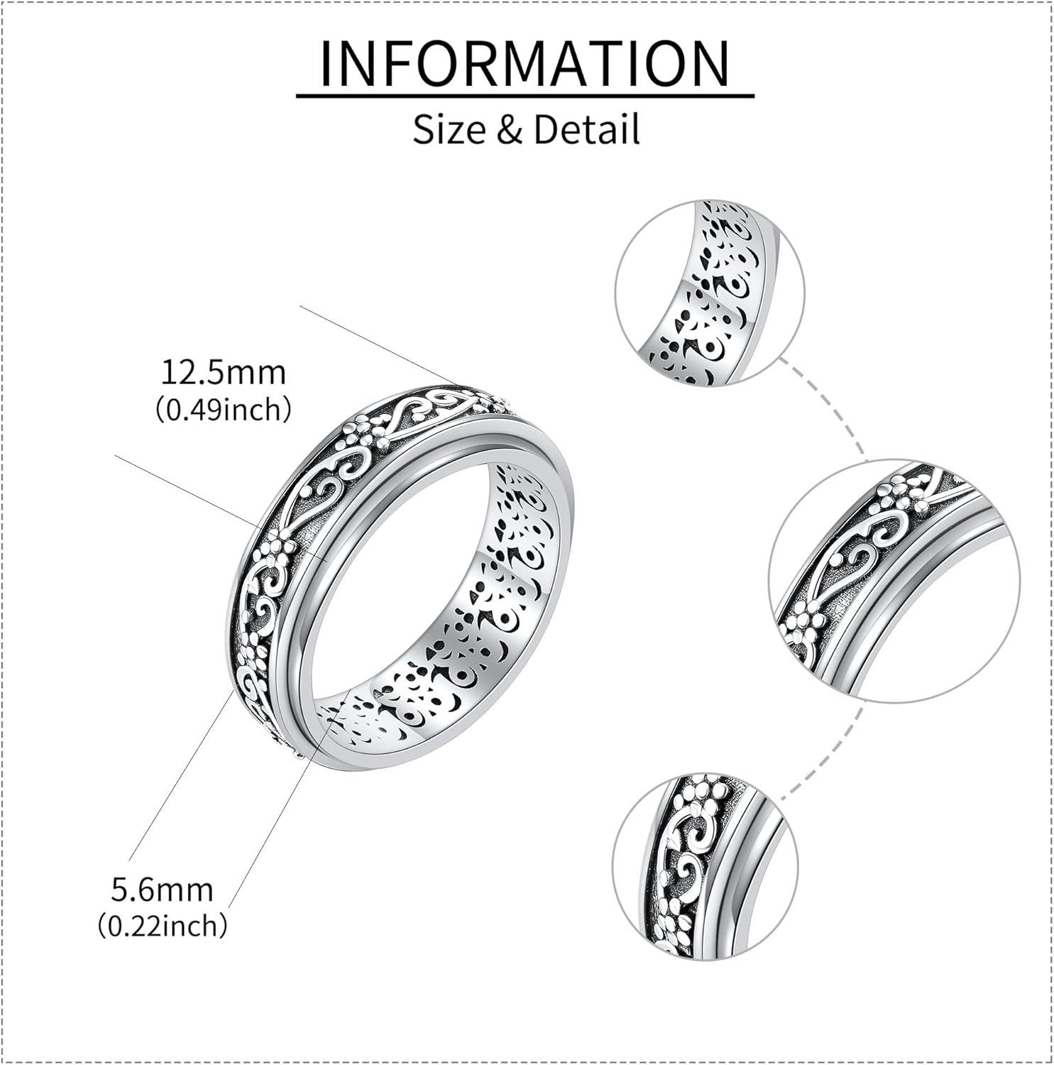 YAFEINI Anxiety Ring 925 Sterling Silver Daisy Fidget Ring Filigree Spinner Band Ring Relieving Stress Fidget Jewelry Gifts for Women Men