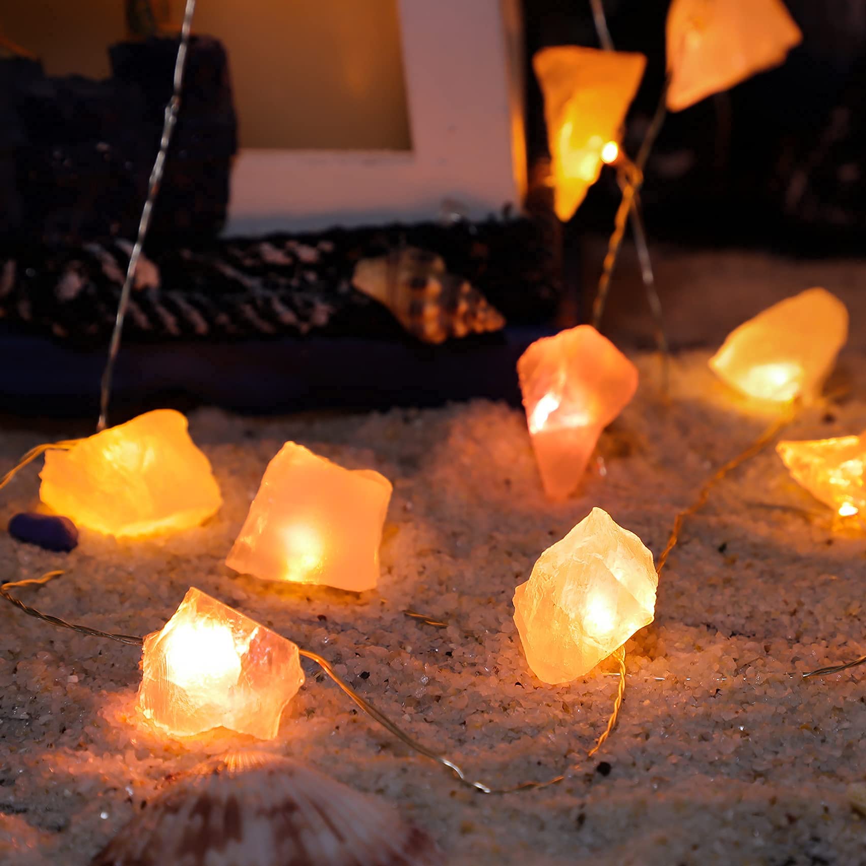 Rose Raw Fluorite Indoor String Lights 10ft 30LEDs Crystal Decorative String Lights Color Changing Battery Powered with Remote Twinkle Lights for Holiday Natural Ornaments Nightlight Wedding Décor