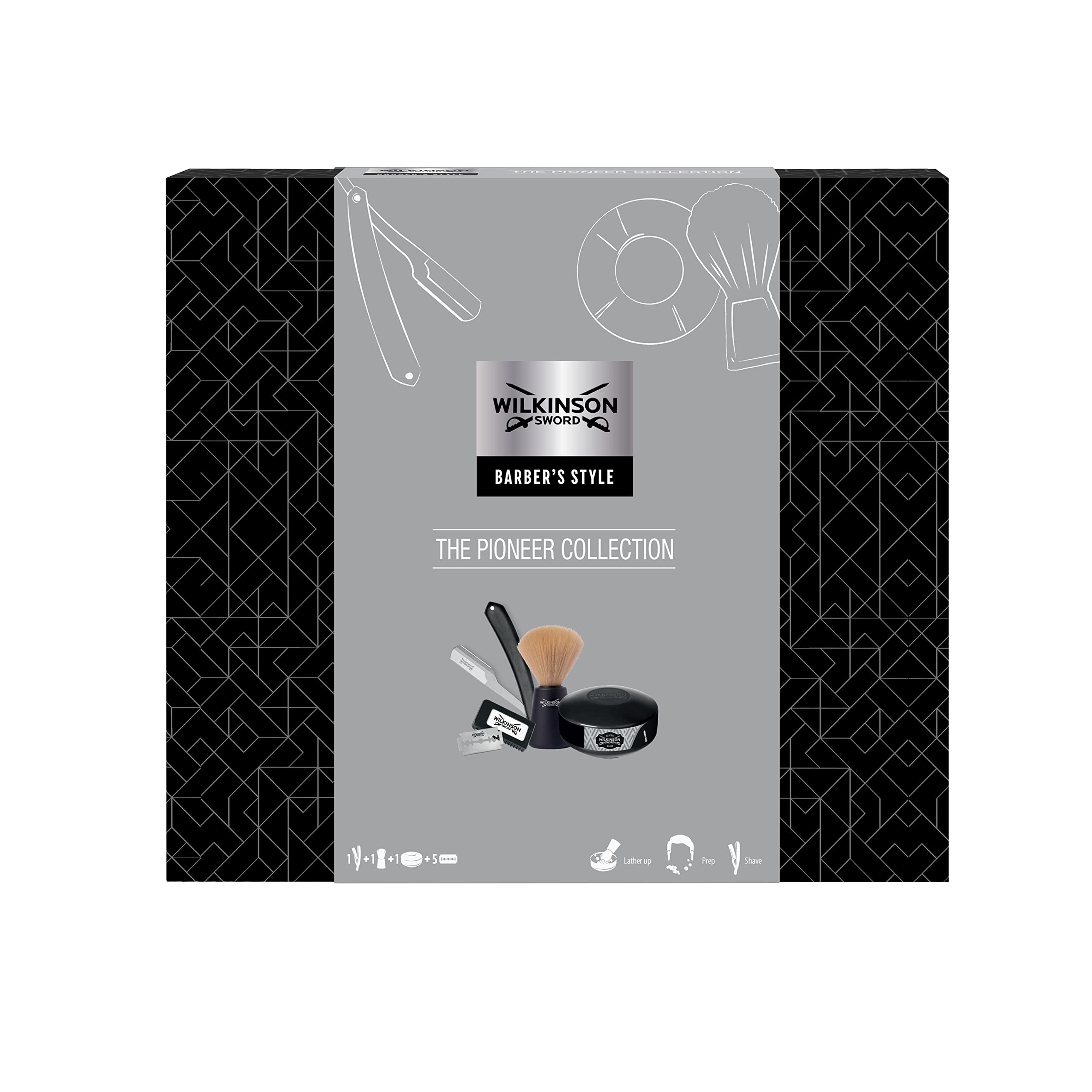 WILKINSON SWORD Barber's Style - The Pioneer Collection (brzytwa, 5 x podwójne ostrza, pędzel do golenia, mydło do golenia)