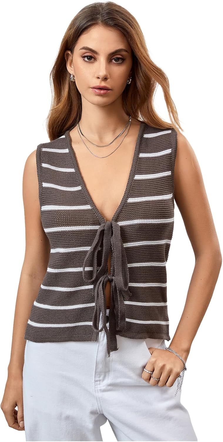 RoseSeek Women's Bow Tie Front Striped Sweater Vest V Neck Sleeveless Knit Vests