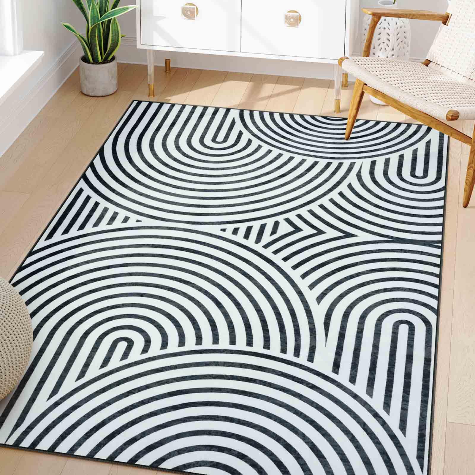 LIVEBOX Washable Black and White Rug 5x7 Area Rugs for Living Room Non Slip, Soft Modern Striped Rugs Ultra-Thin, Geometric Large Carpet Rugs for