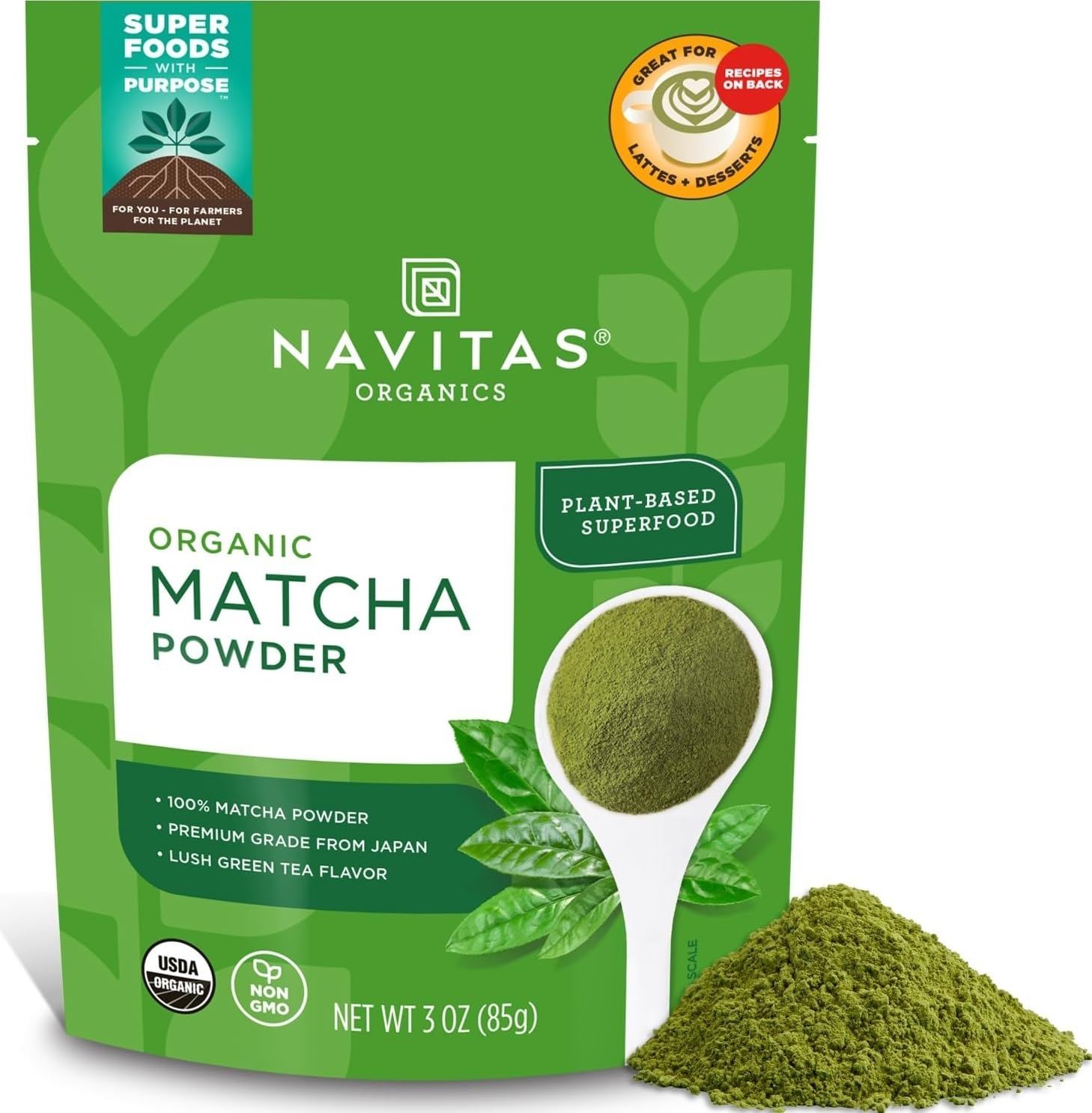 Navitas Organics Matcha Powder – For Tea, Lattes, Smoothies, Desserts & More – Energy & Antioxidants – Premium Culinary Grade – USDA Organic, Non GMO, Gluten Free, Kosher, Vegan (3oz. Bag 85 Servings) 3 Ounce (Pack of 1) Organics Matcha Powder