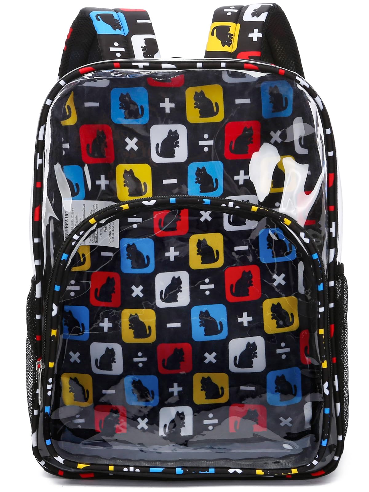 BLUEFAIRYClear Backpack for School Stadium Approved Large PVC See Through Bag Heavy Duty Bookbag Transparent Plastic Bag for Students Work Events 17" Cat Black