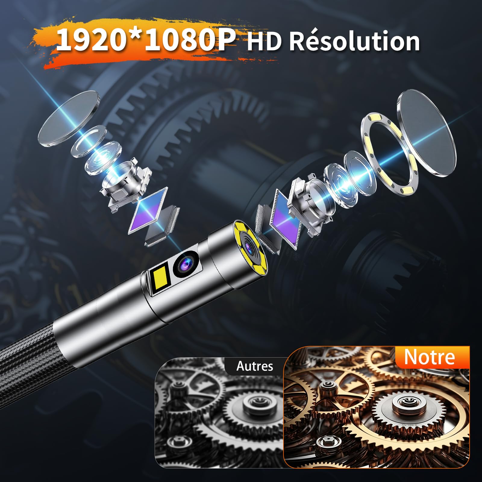 Double Objectif Caméra Endoscopique Industrielle avec Lumière, 1920P HD avec Tête Articulée Ø6,5mm 210°, Étanche IP67, Carte SD 32 Go Incluse - pour Mécanique Auto, Tuyauterie, Maintenance Technique