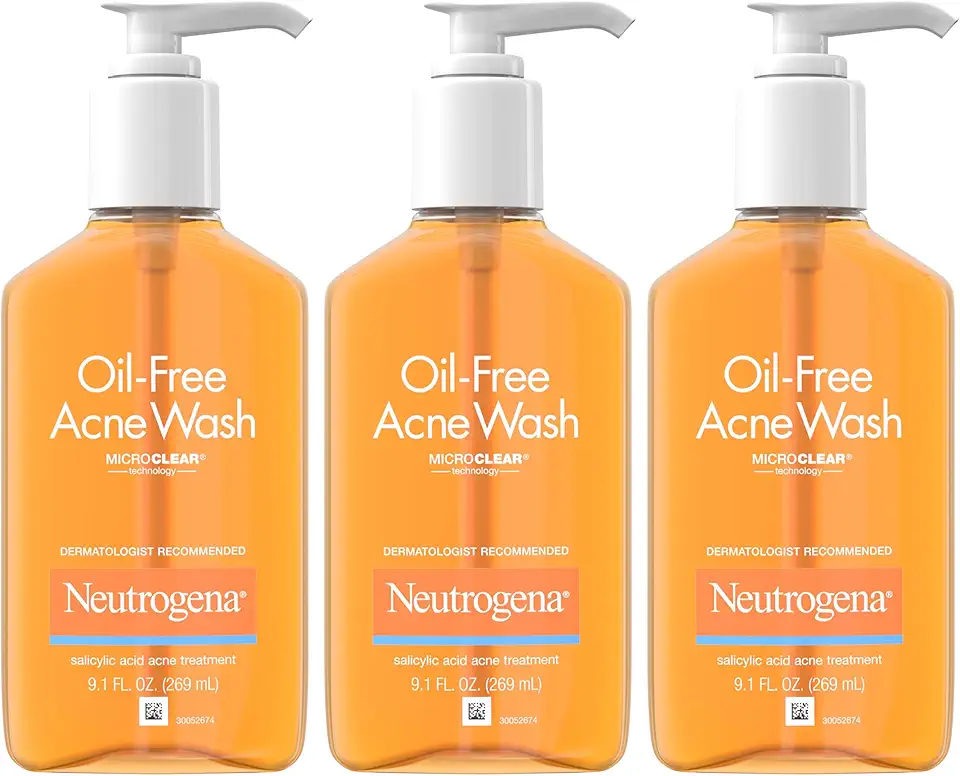 Neutrogena Oil-Free Acne Wash, Acne Fighting Facial Cleanser with Salicylic Acid Medicine, Acne Treatment for Face, Non-Comedogenic, Residue-Free, 9.1 fl oz Pump Bottles, 3 Pack