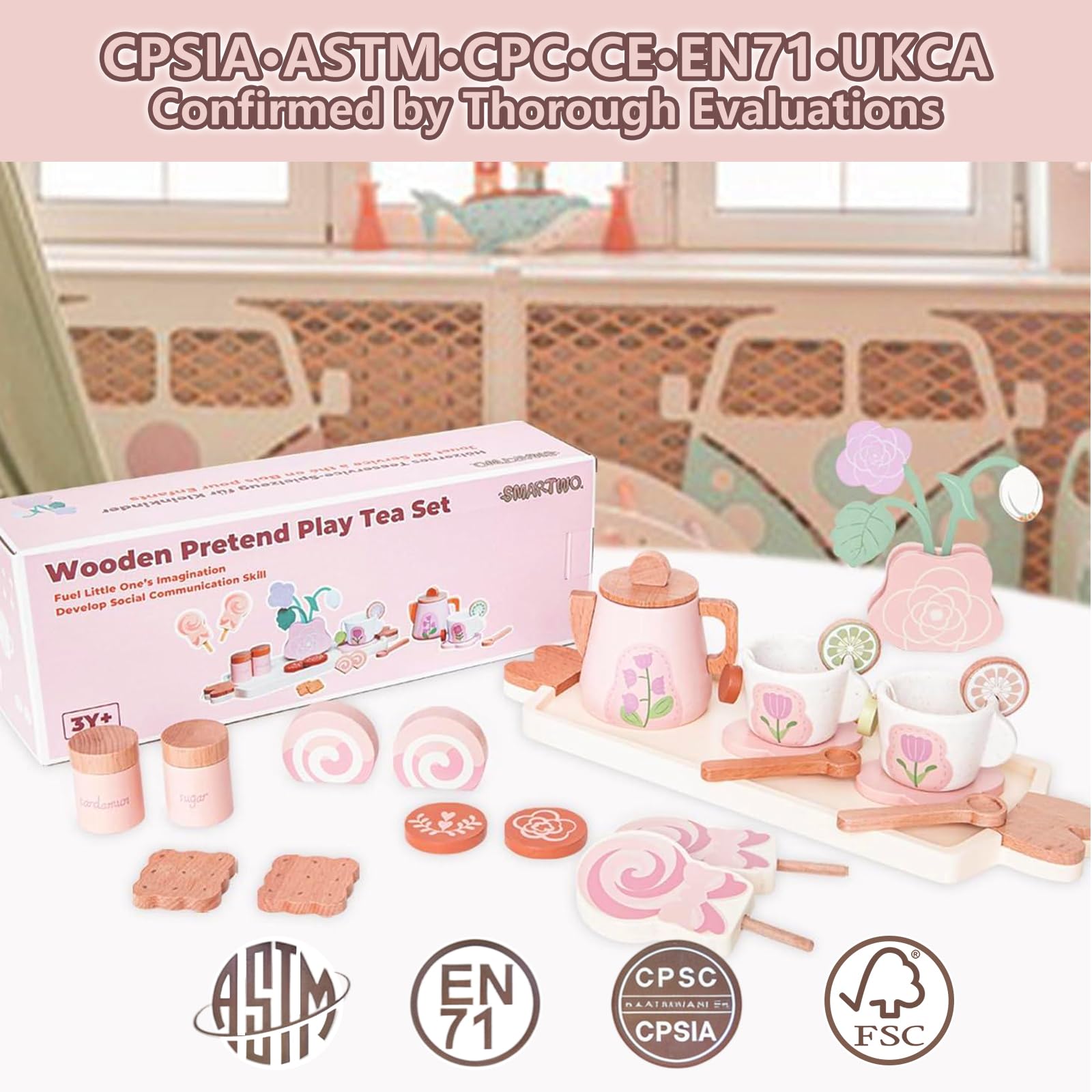 Service à Thé et à Dessert pour Fête de Filles 24PCS, Dinette Enfant en Bois Jouet Fille 3 4 5 Ans Accessoire Cuisine Tout-Petits Bois Jeux de Rôle de Tea Party Cadeau Rose