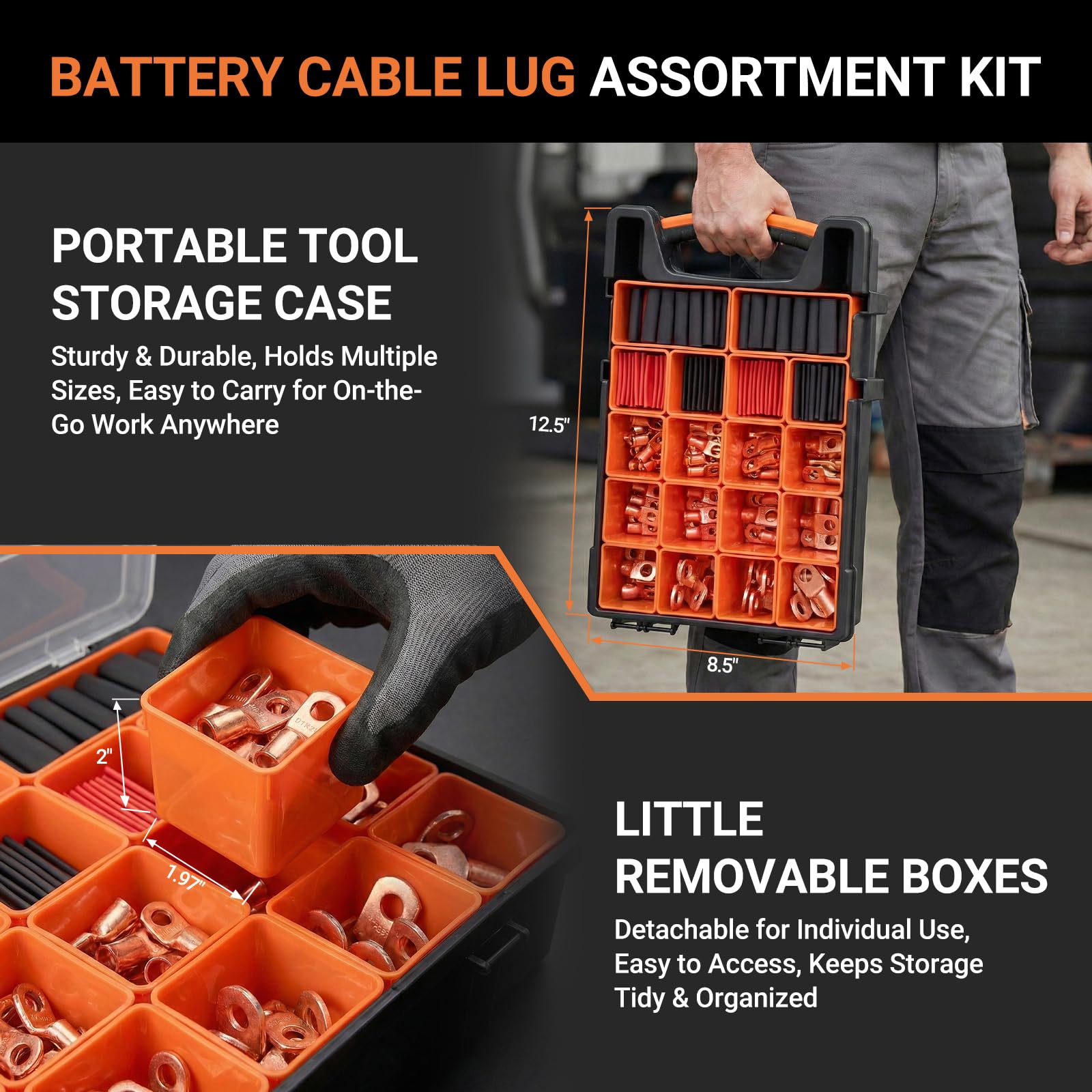 Kit di 227 terminali per cavi della batteria, AWG 2 4 6 8 1/0 2/0, capicorda da 0 gauge 00, connettori terminali ad anello da 3/8" con tubo termorestringente 3:1 e scatola di immagazzinaggio