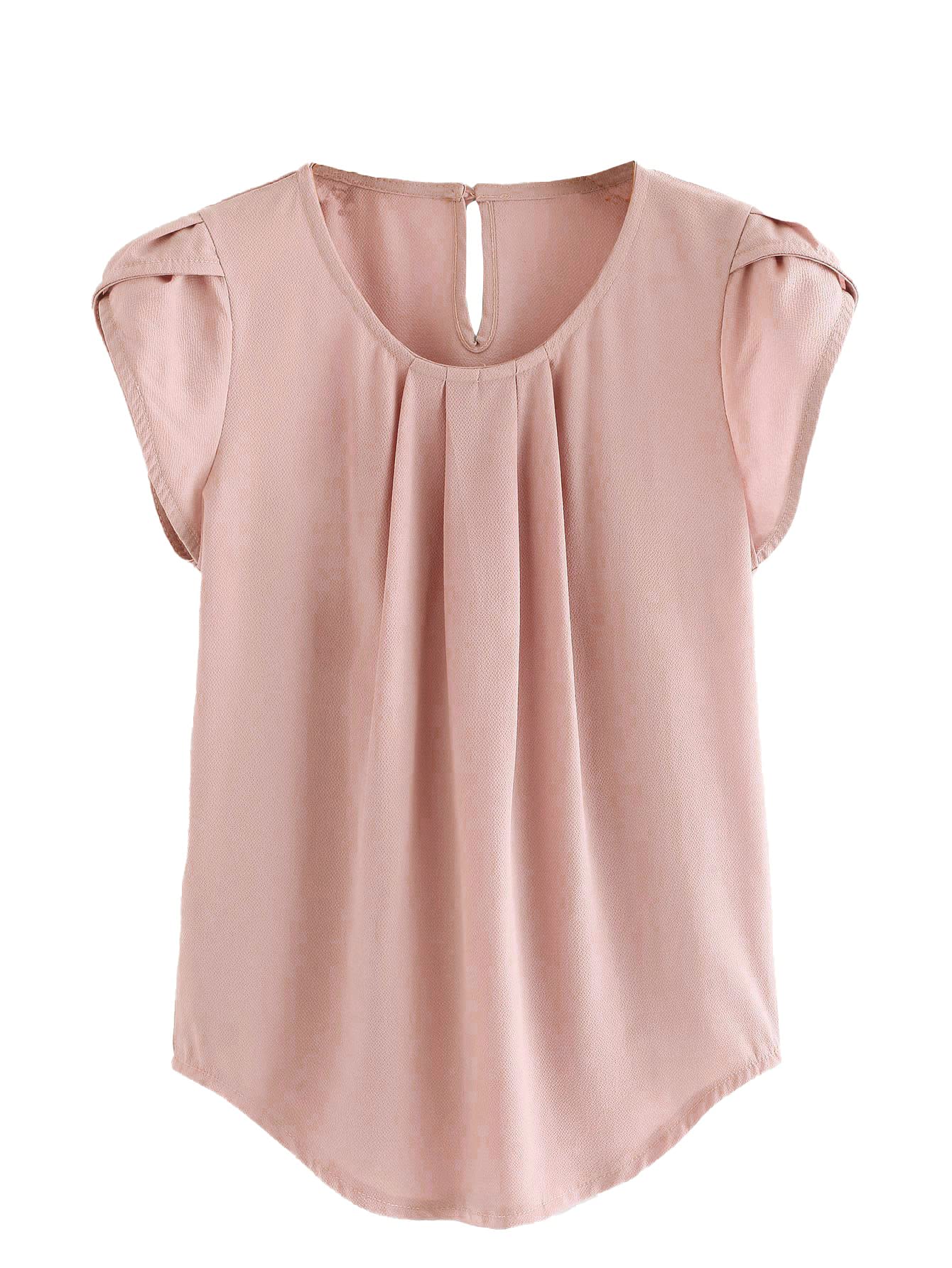 MilumiaWomen's Casual Round Neck Basic Pleated Top Cap Sleeve Curved Keyhole Back Blouse, Light Pink, Small