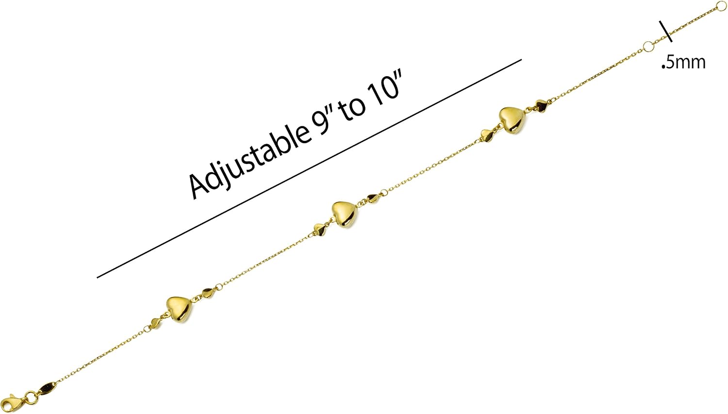 LoveBling 10K Yellow Gold .5mm Diamond Cut Rolo Chain with 3 Heart Row Charm Anklet Adjustable 9" to 10" (#64)